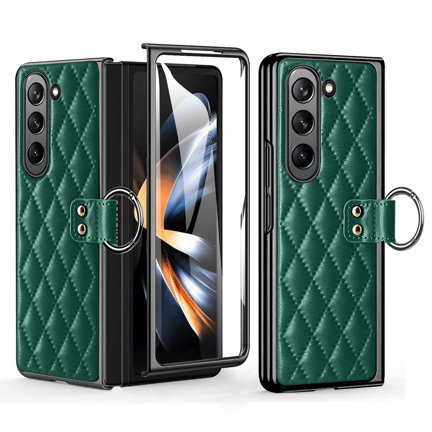 

Für Samsung Galaxy Z Fold5 5G Ring Kickstand Phone Hülle Schockproof PU Leder+ Pc+ Temperierte Glasfilm -film Cover - Schwarzgrün, Galaxy Z Fold5 5G