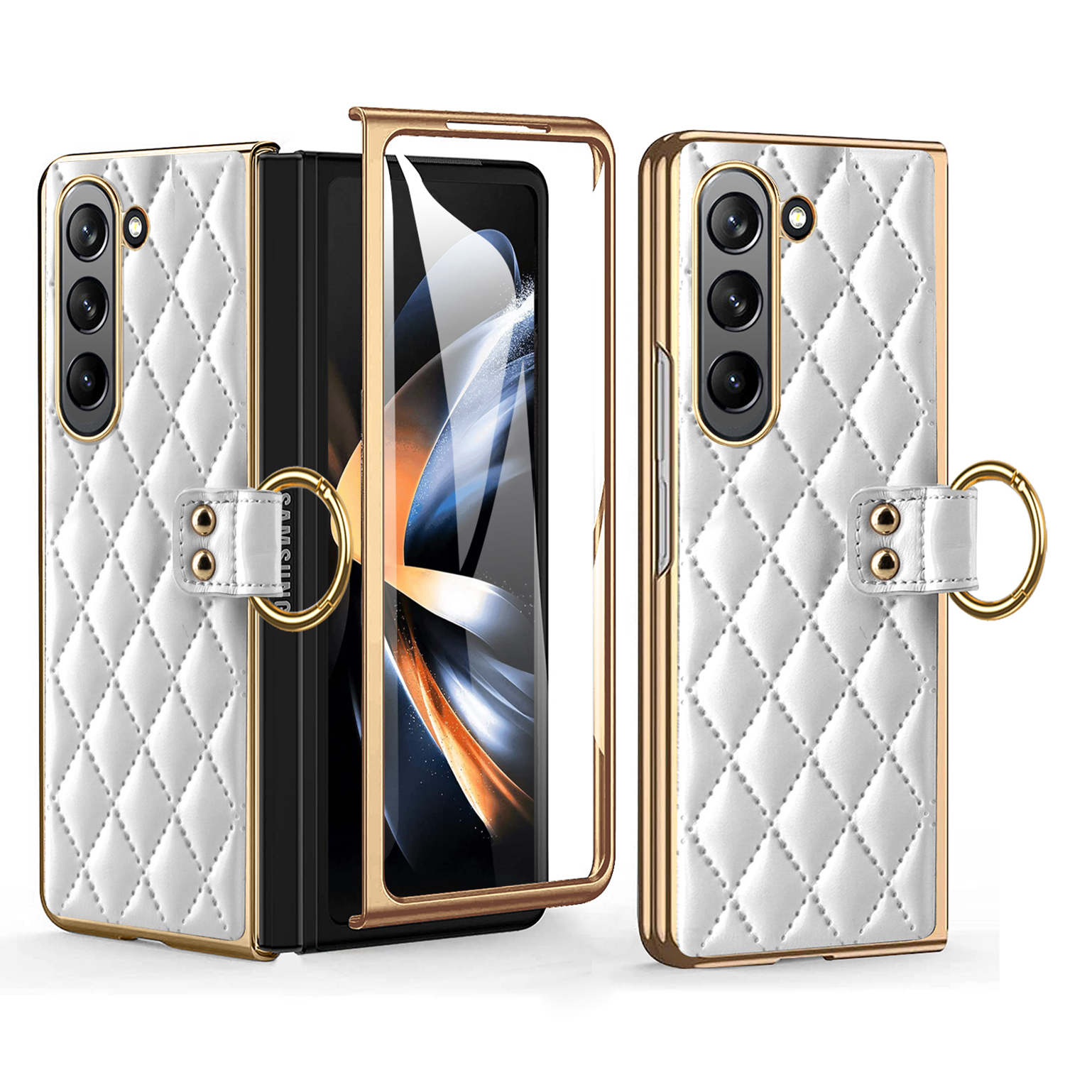

Für Samsung Galaxy Z Fold5 5G Ring Kickstand Phone Hülle Schockproof PU Leder+ Pc+ Temperierte Glasfilm -film Cover - Weiß, Galaxy Z Fold5 5G