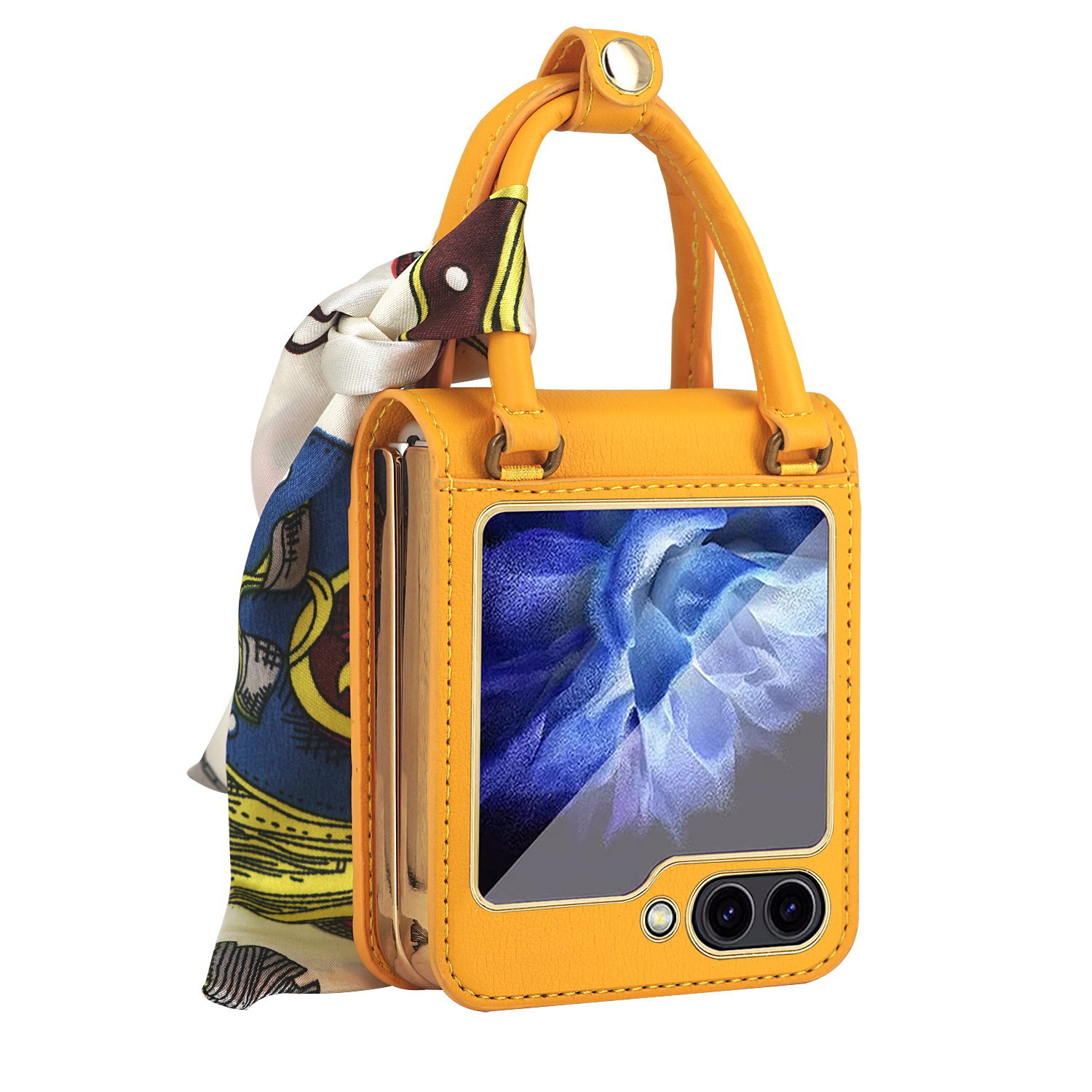 

Für Samsung Galaxy Z Flip5 5G Ribbon Hand Grip Phone Hülle PU Lederbeschichtete PC -abdeckung Mit Temperamentvollem Glasfilm - Gelb, Galaxy Z Flip5 5G