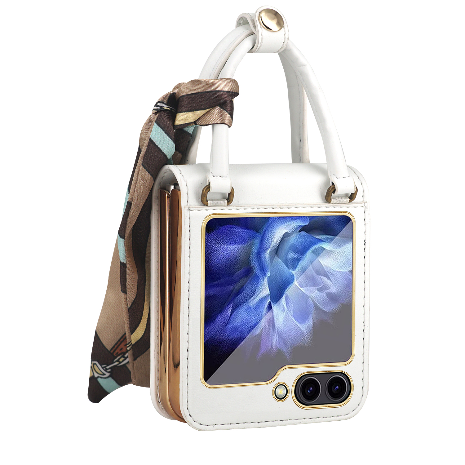 

Für Samsung Galaxy Z Flip5 5G Ribbon Hand Grip Phone Hülle PU Lederbeschichtete PC -abdeckung Mit Temperamentvollem Glasfilm - Weiß, Galaxy Z Flip5 5G