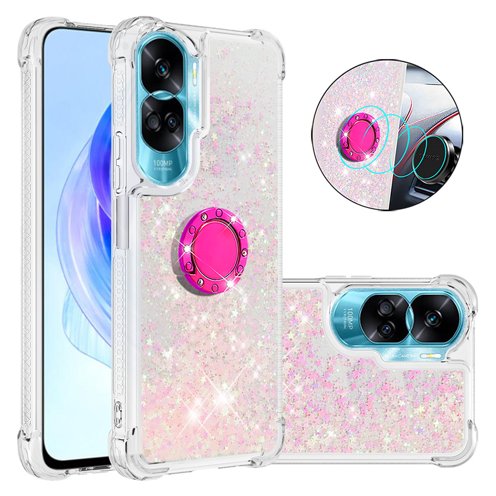 

YB Quicksand Series-7 Für Honor 90 Lite 5G Liquid Glitter Pailletten Fall TPU Kickstand Telefonabdeckung - Rosa / Pentagramme, Honor 90 Lite 5G