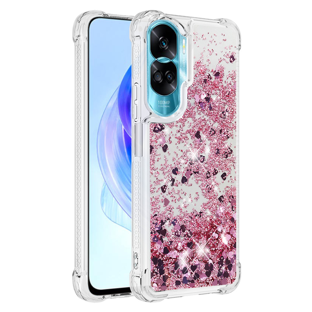 

YB Quicksand Series-1 Glitter Telefon Hülle Für Honor 90 Lite 5g, Moving Shiny TPU Cover - Roségold / Herzen, Honor 90 Lite 5G