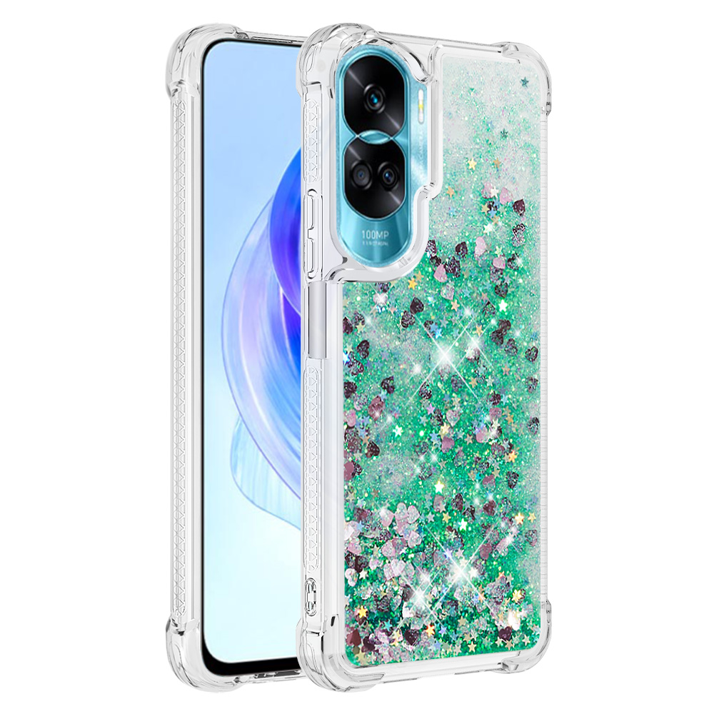 

YB Quicksand Series-1 Glitter Telefon Hülle Für Honor 90 Lite 5g, Moving Shiny TPU Cover - Grün / Herzen, Honor 90 Lite 5G