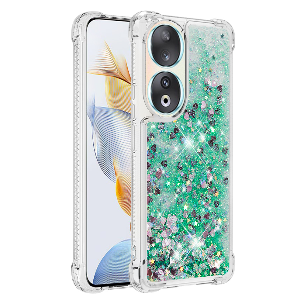 

YB Quicksand Series-1 Glitter Telefon Hülle Für Honor 90 Anti-Drop Bewegt Glänzende Weiche Tpu-abdeckung - Grün / Herz, Honor 90