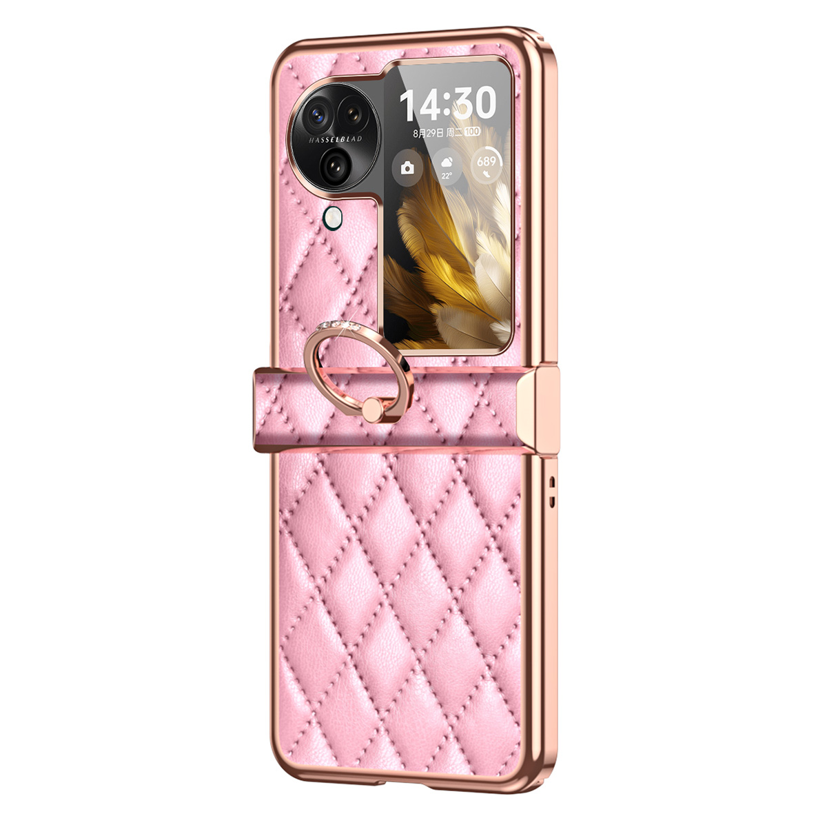 

Für Oppo Finden Sie N3 Flip 5G PU Lederbeschichtete PC -hülle Elektroplieren Rhombusmuster Kickstand Telefonabdeckung - Rosa, Oppo Find N3 Flip 5G