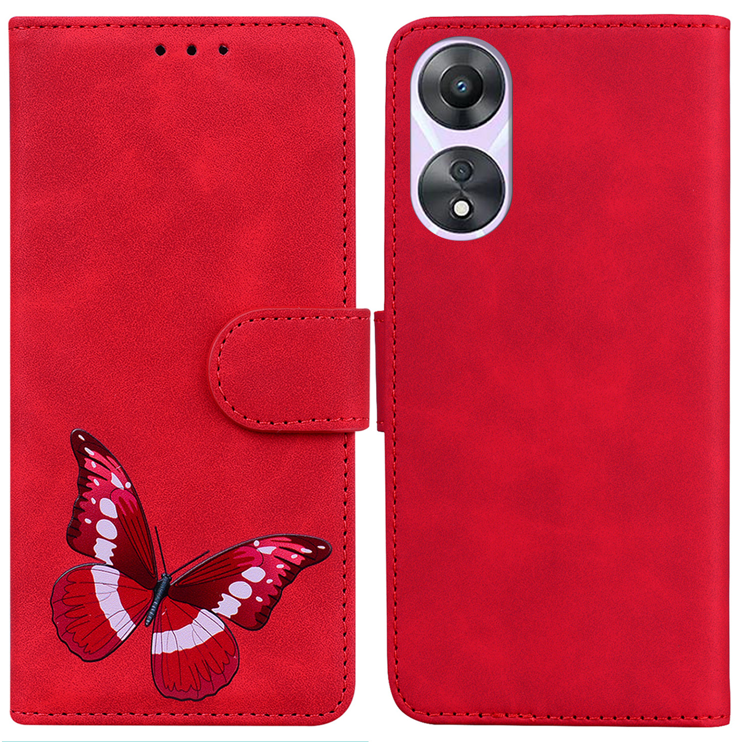 

Für Oppo A78 4G PU Leder Brieftaschenabdeckung Kratzfestem Schmetterlingsdruckständer Telefonhülle - Rot, Oppo A78 4G