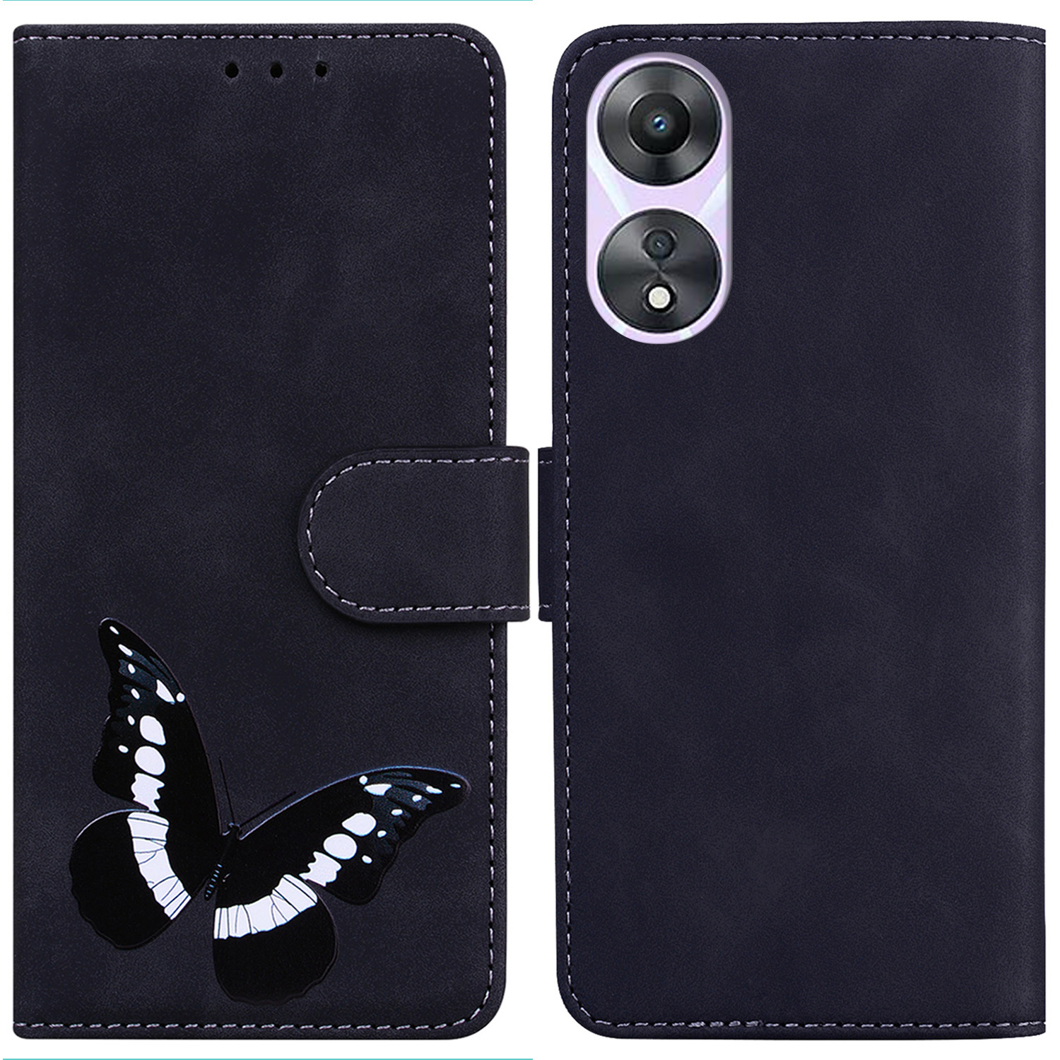 

Für Oppo A58 4G Drop Widerstandsfähige Schmetterlingsdruckstilltaschen Brieftaschenhülle Leder -telefonabdeckung - Schwarz, Oppo A58 4G