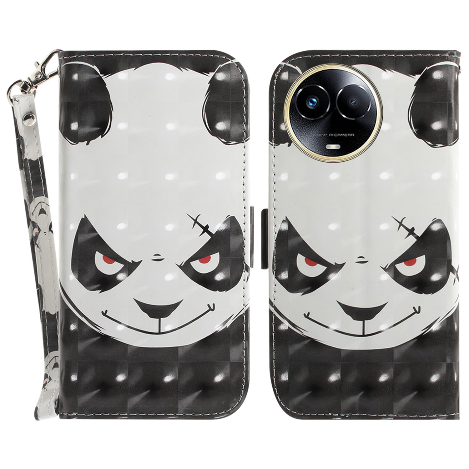 

Für Realme 11x 5G Leder -brieftaschen -ständer Cover 3D -muster Druckmobilhülle Mit Riemen - Wütender Panda, Realme 11x 5G