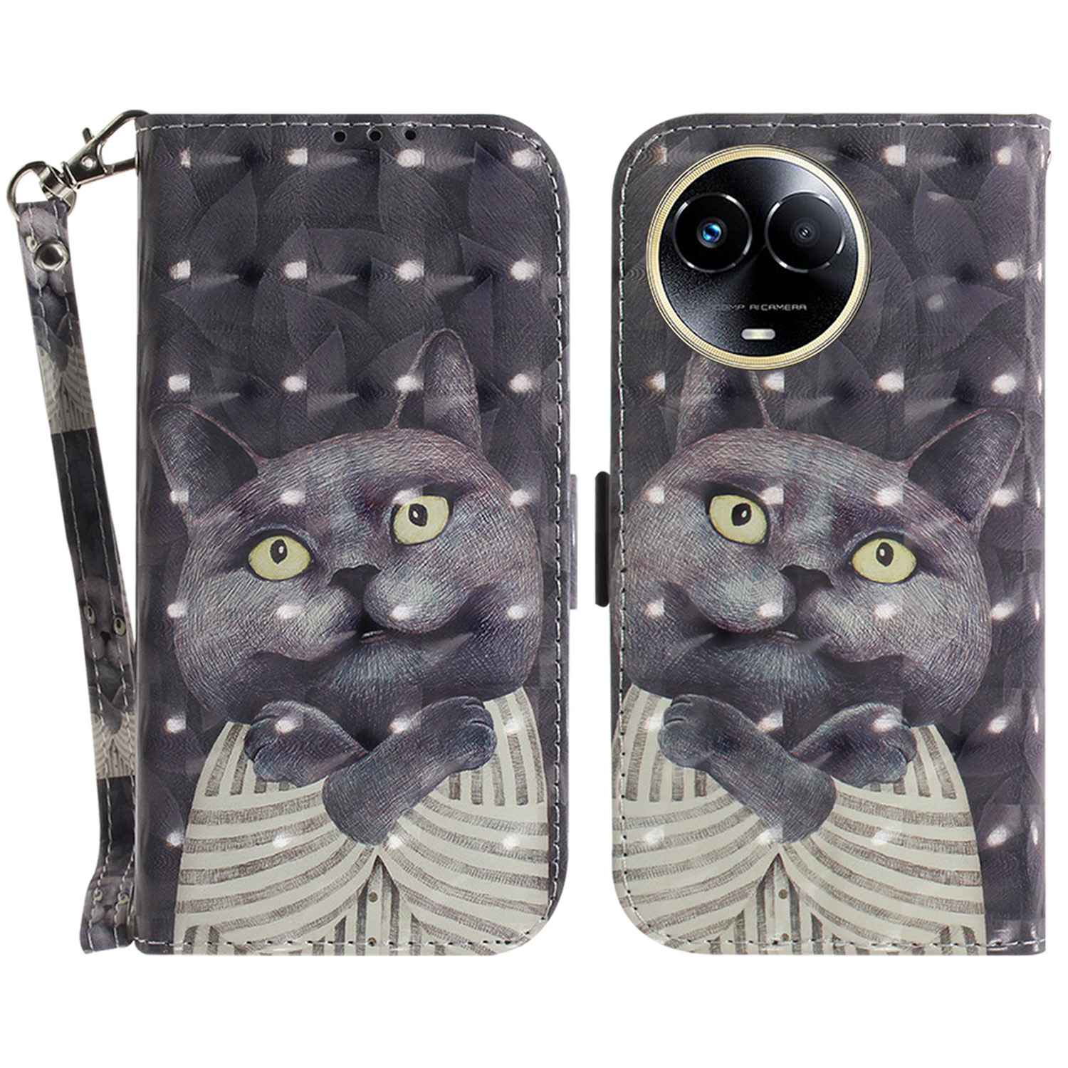 

Für Realme 11x 5G Leder -brieftaschen -ständer Cover 3D -muster Druckmobilhülle Mit Riemen - Katze Umarmen, Realme 11x 5G