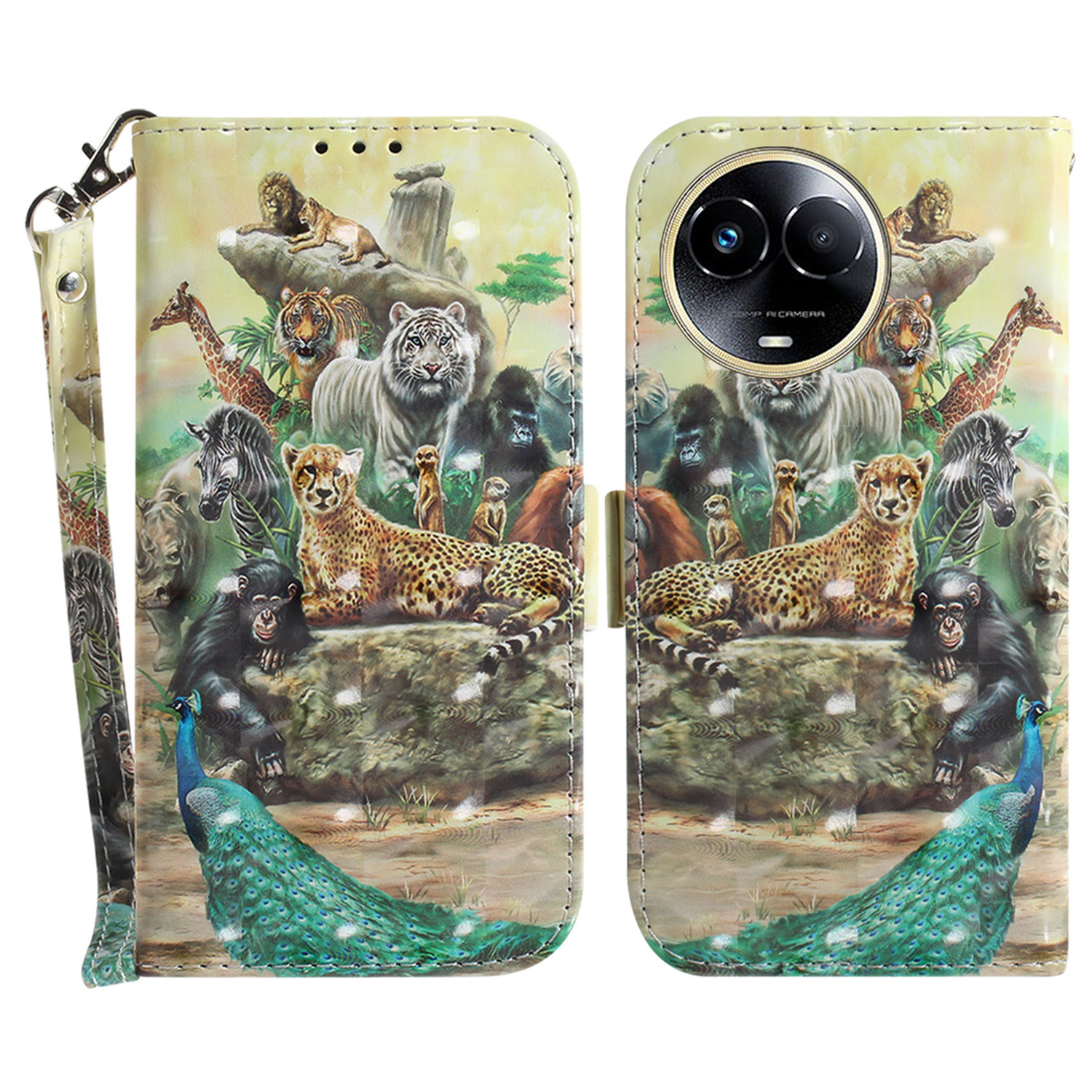 

Für Realme 11x 5G Leder -brieftaschen -ständer Cover 3D -muster Druckmobilhülle Mit Riemen - Tiere, Realme 11x 5G