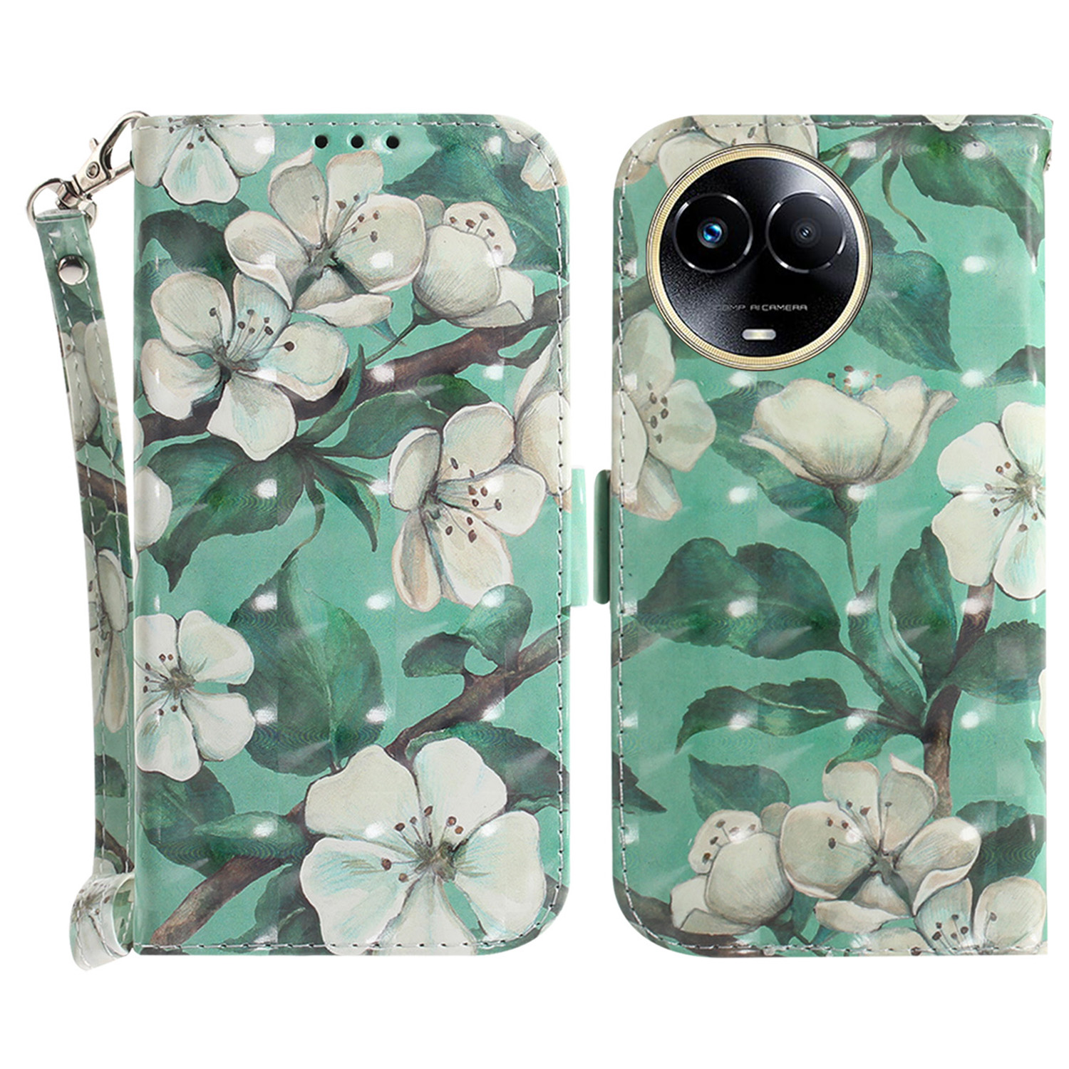 

Für Realme 11x 5G Leder -brieftaschen -ständer Cover 3D -muster Druckmobilhülle Mit Riemen - Aquarellblüten, Realme 11x 5G