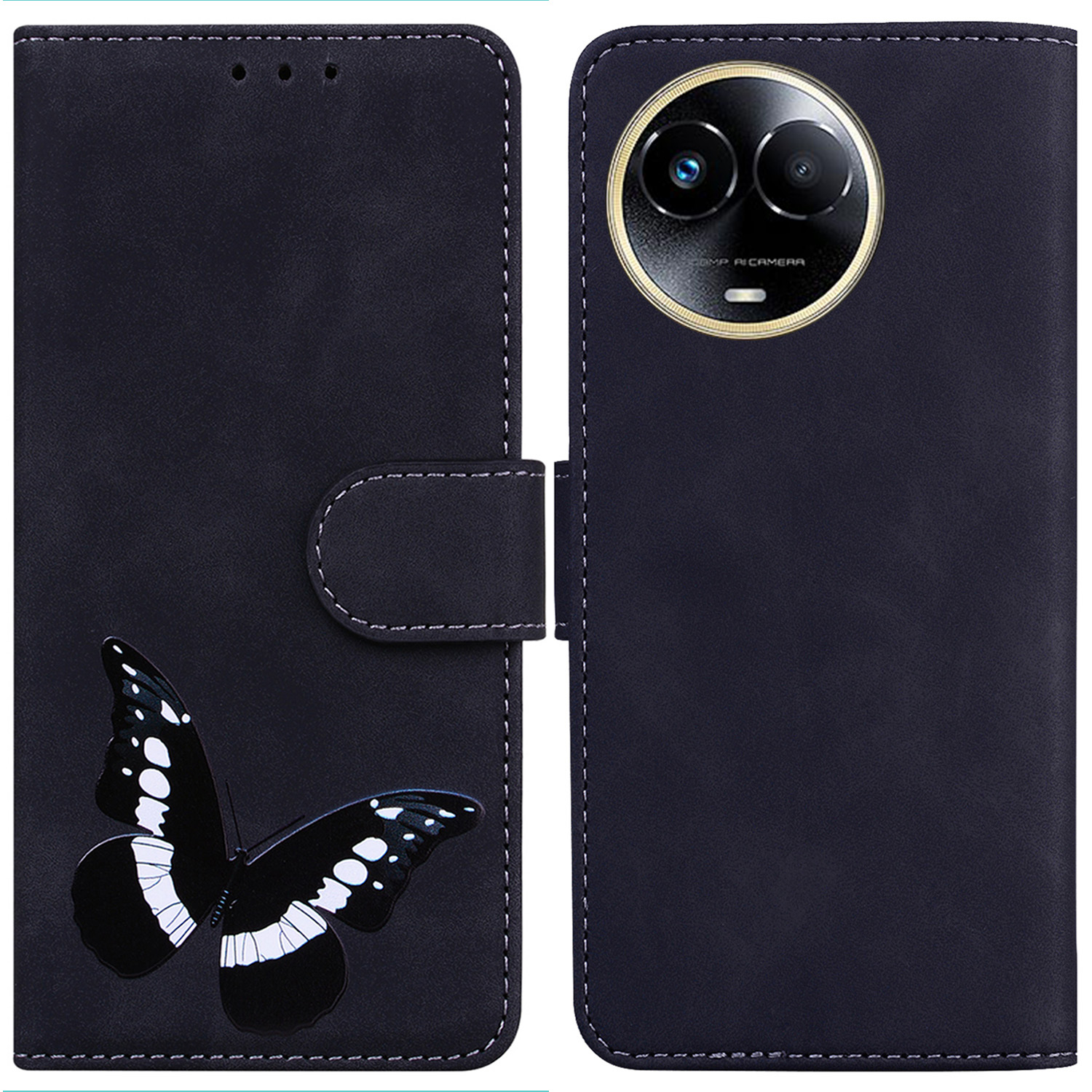 

Standschale Für Realme 11x 5g, PU Leder Flip Cover Butterfly Printing Phone Brieftasche - Schwarz, Realme 11x 5G