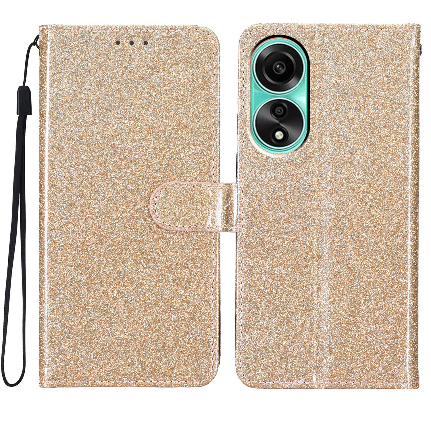 

Für Oppo A58 4G Hülle Glitzernde PU Leder Brieftasche Mobiltelefonabdeckung - Gold, Oppo A58 4G