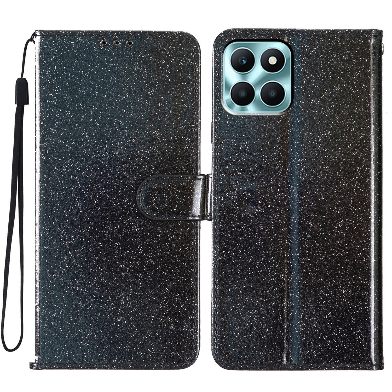 

Für Ehren X6a 4G Koffer Wallet Stand PU Leder Glitzernde Handyabdeckung - Schwarz, Honor X6a 4G