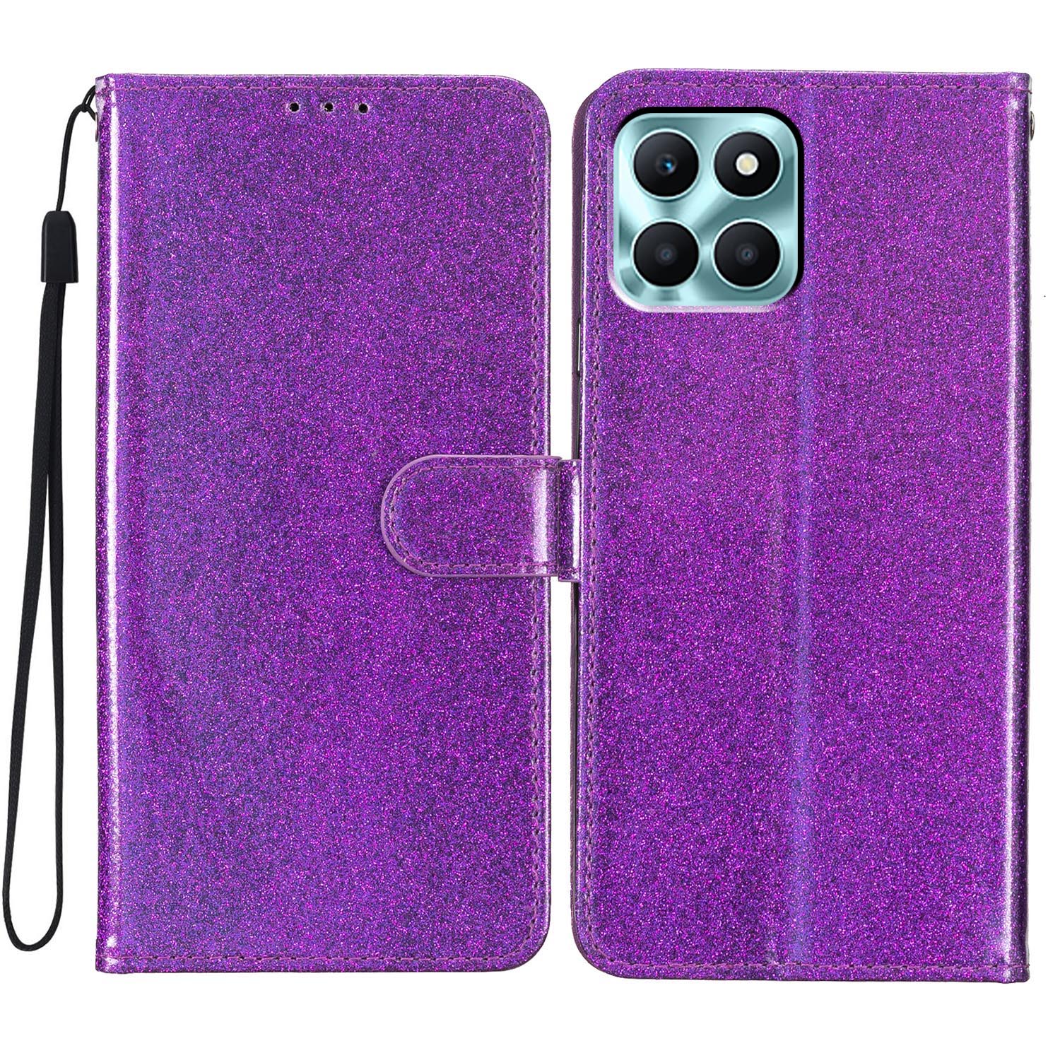 

Für Ehren X6a 4G Koffer Wallet Stand PU Leder Glitzernde Handyabdeckung - Lila, Honor X6a 4G