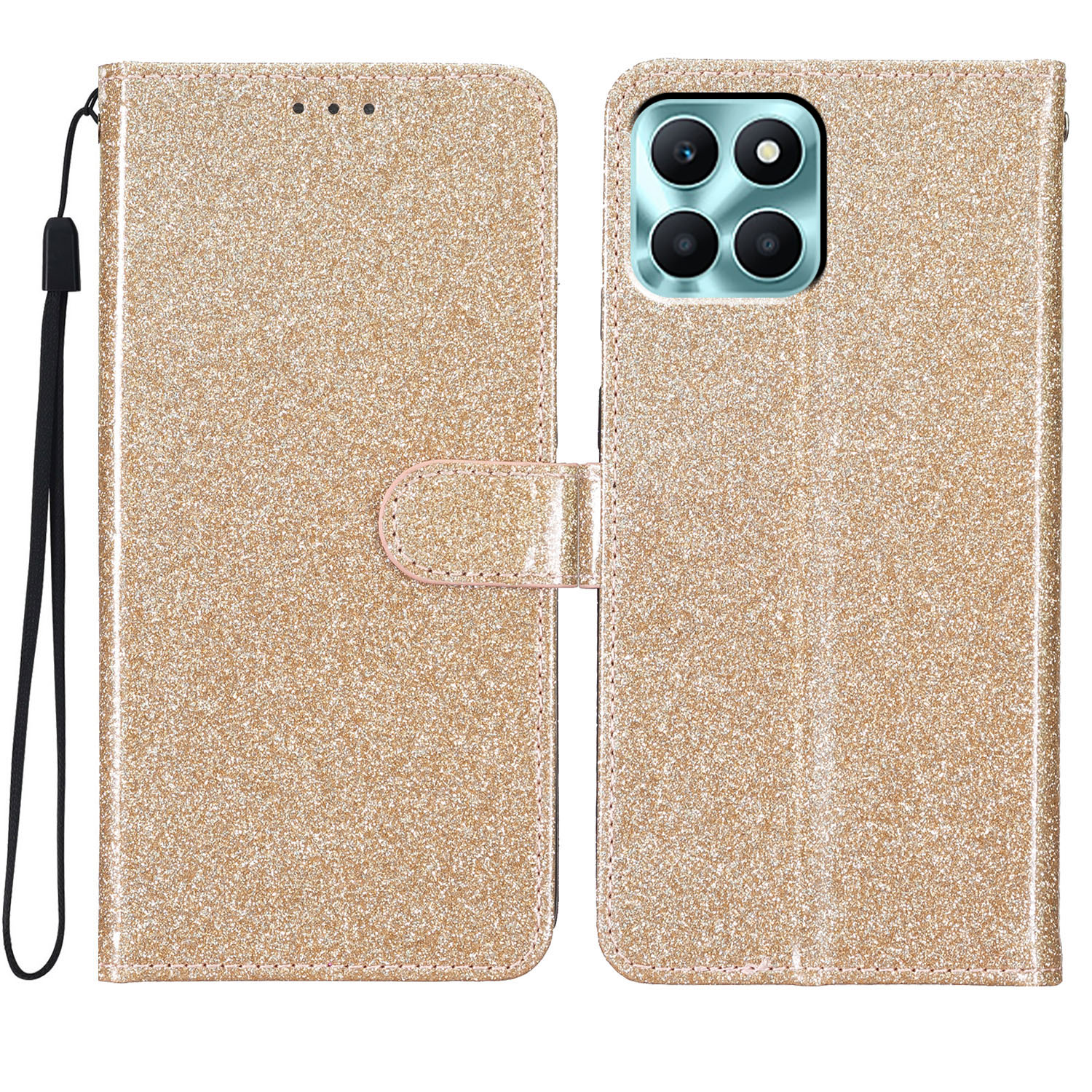 

Für Ehren X6a 4G Koffer Wallet Stand PU Leder Glitzernde Handyabdeckung - Gold, Honor X6a 4G