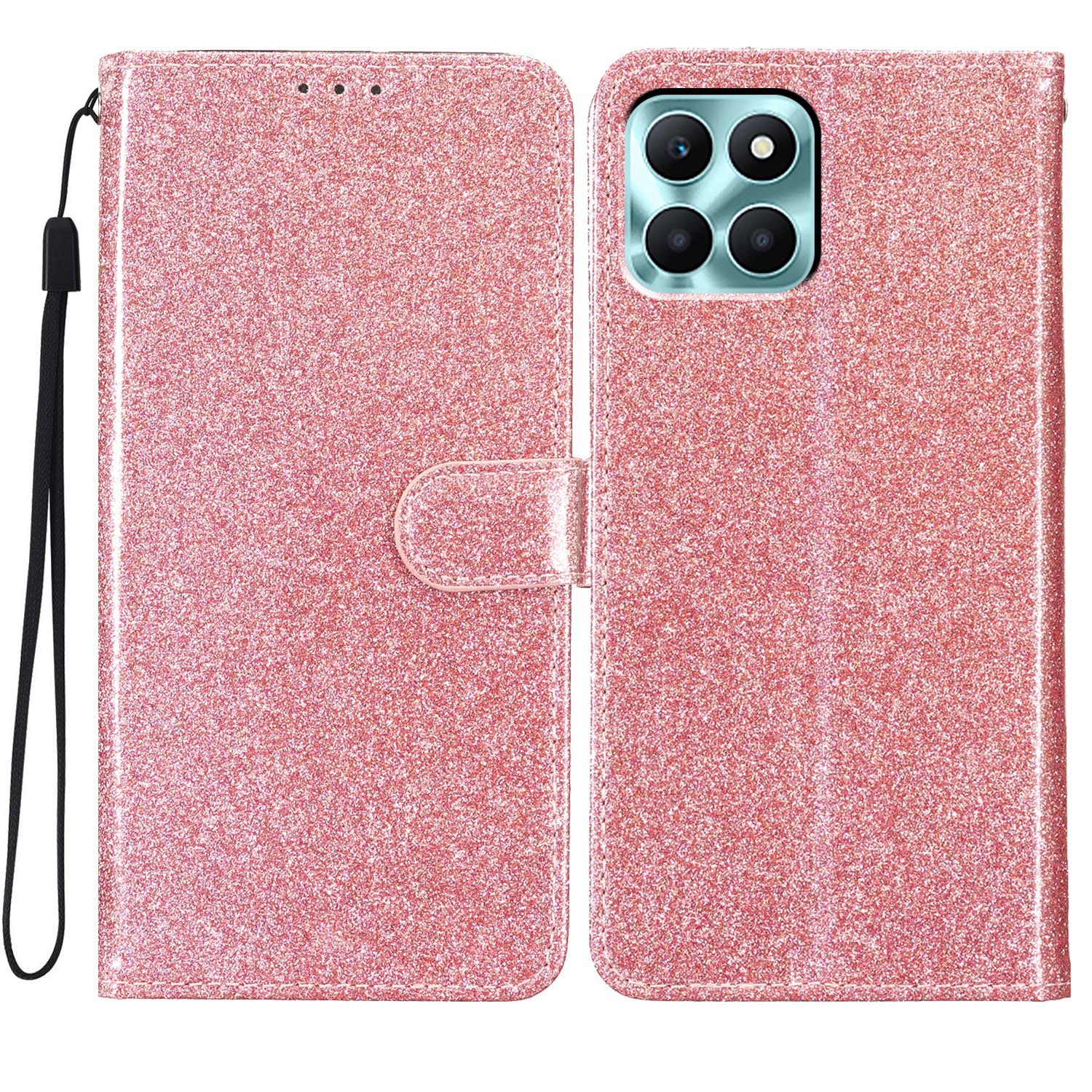 

Für Ehren X6a 4G Koffer Wallet Stand PU Leder Glitzernde Handyabdeckung - Roségold, Honor X6a 4G