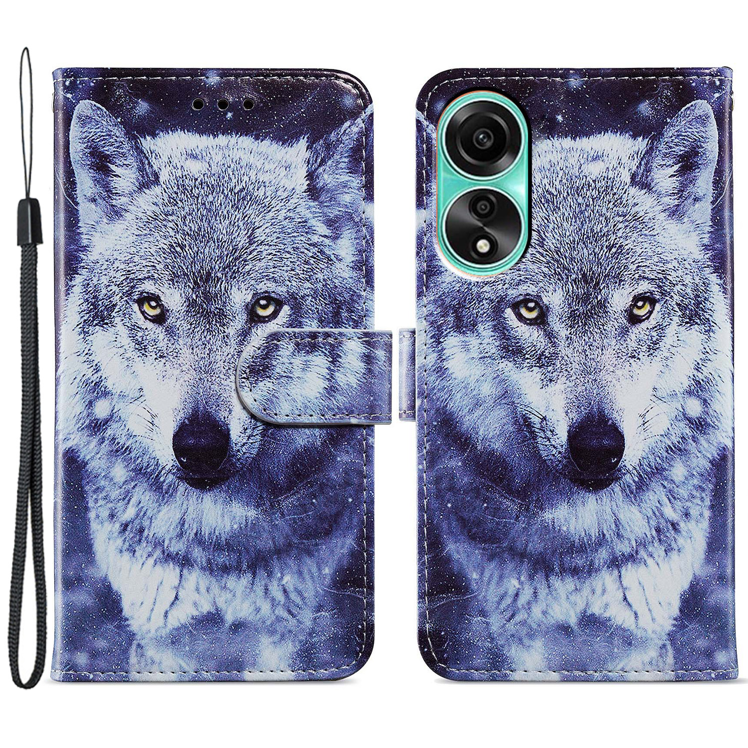 

Für Oppo A58 4G Hülle PU Ledermuster Brieftasche Telefonabdeckung Mit Riemen - Weißer Wolf, Oppo A58 4G