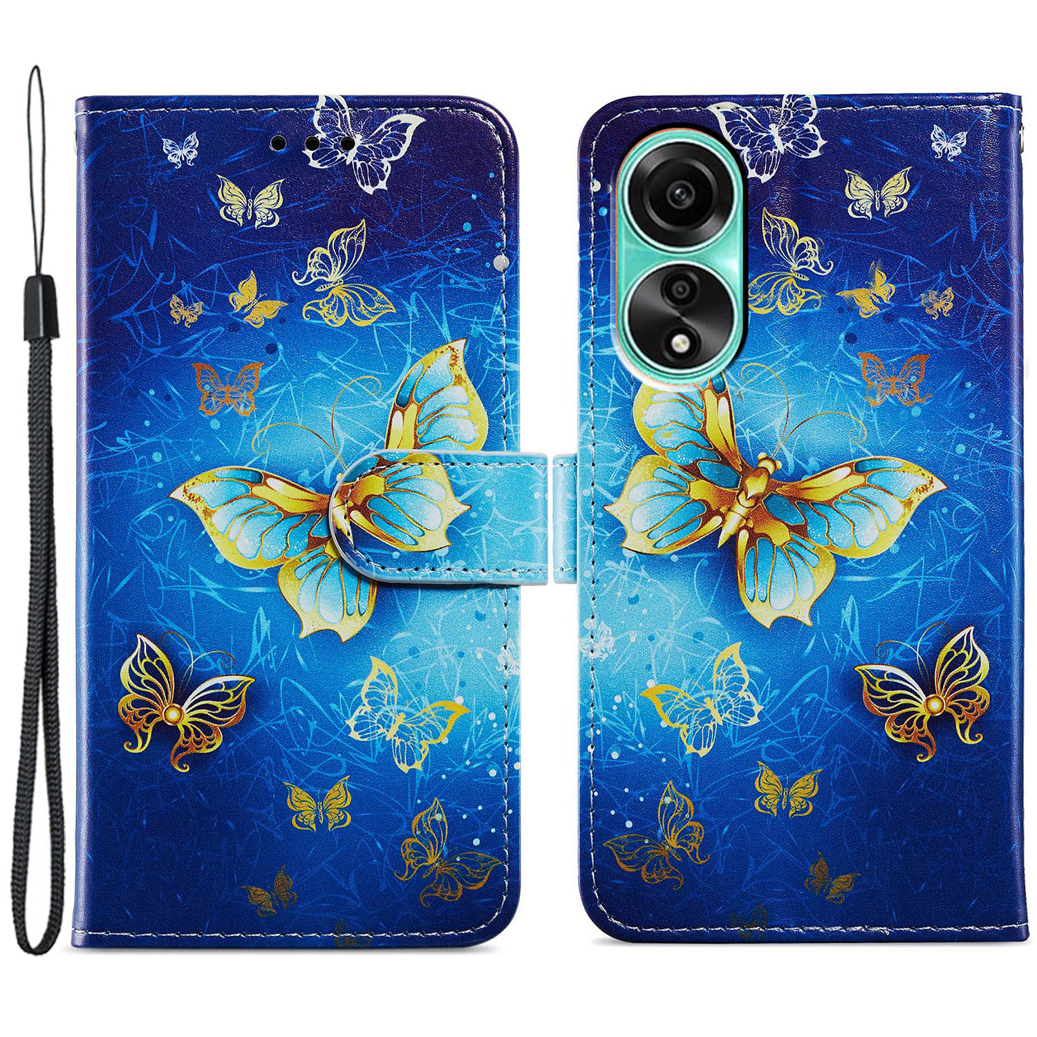 

Für Oppo A58 4G Hülle PU Ledermuster Brieftasche Telefonabdeckung Mit Riemen - Goldener Schmetterling, Oppo A58 4G