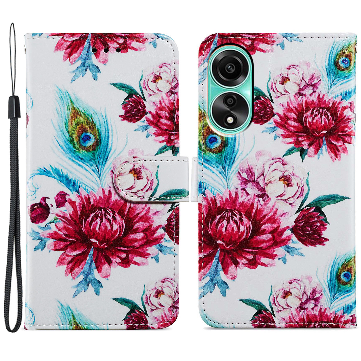 

Für Oppo A58 4G Hülle PU Ledermuster Brieftasche Telefonabdeckung Mit Riemen - Pfauenblume, Oppo A58 4G