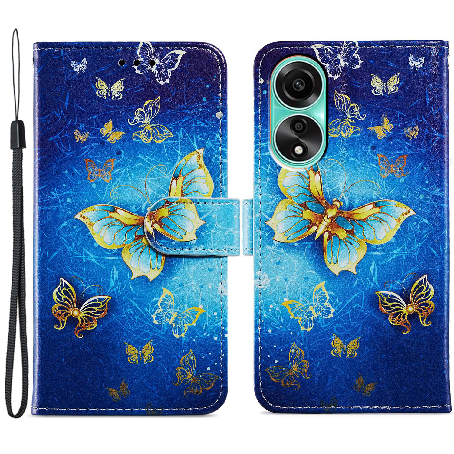 

Für Oppo A78 4G Koffer Wallet Leder Muster Stand Telefonabdeckung - Goldener Schmetterling, Oppo A78 4G