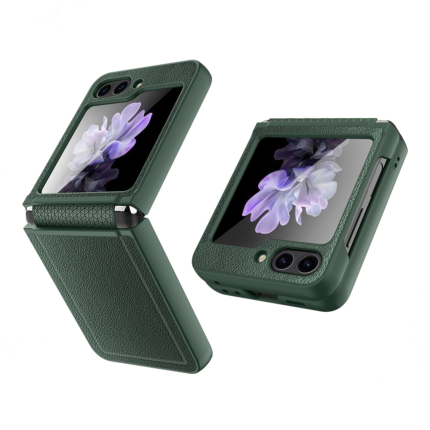 

Für Samsung Galaxy Z Flip5 5G Hülle Anti-drogen PU+PC Phone Hülle Integriertes Rückenbildfilm Glassfilm - Mitternacht Grün, Galaxy Z Flip5 5G