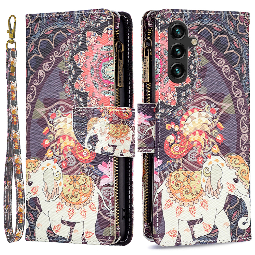 

BF03 Telefonabdeckung Für Samsung Galaxy A15 Hülle Brieftasche Reißverschluss Lederschale - Blumen Und Elefant, Galaxy A15 4G