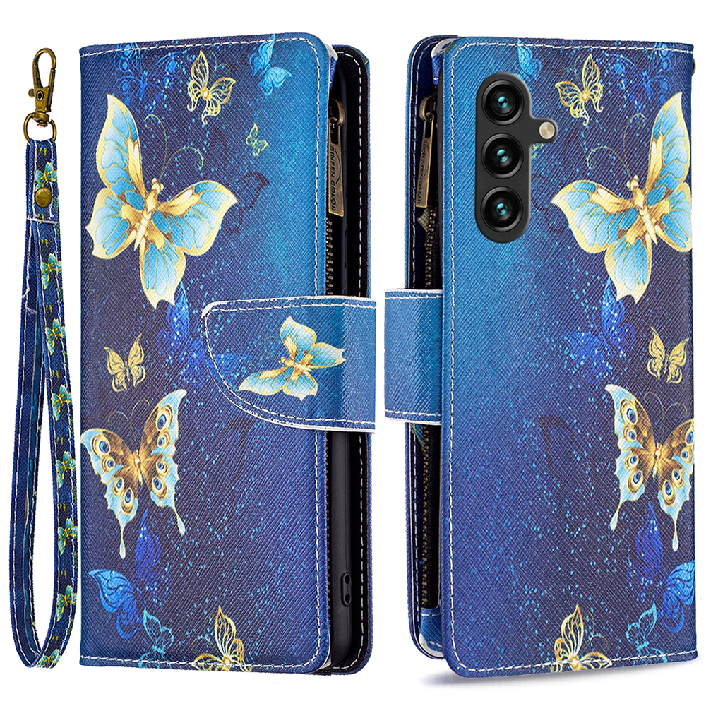 

BF03 Telefonabdeckung Für Samsung Galaxy A15 Hülle Brieftasche Reißverschluss Lederschale - Goldene Schmetterlinge, Galaxy A15 4G