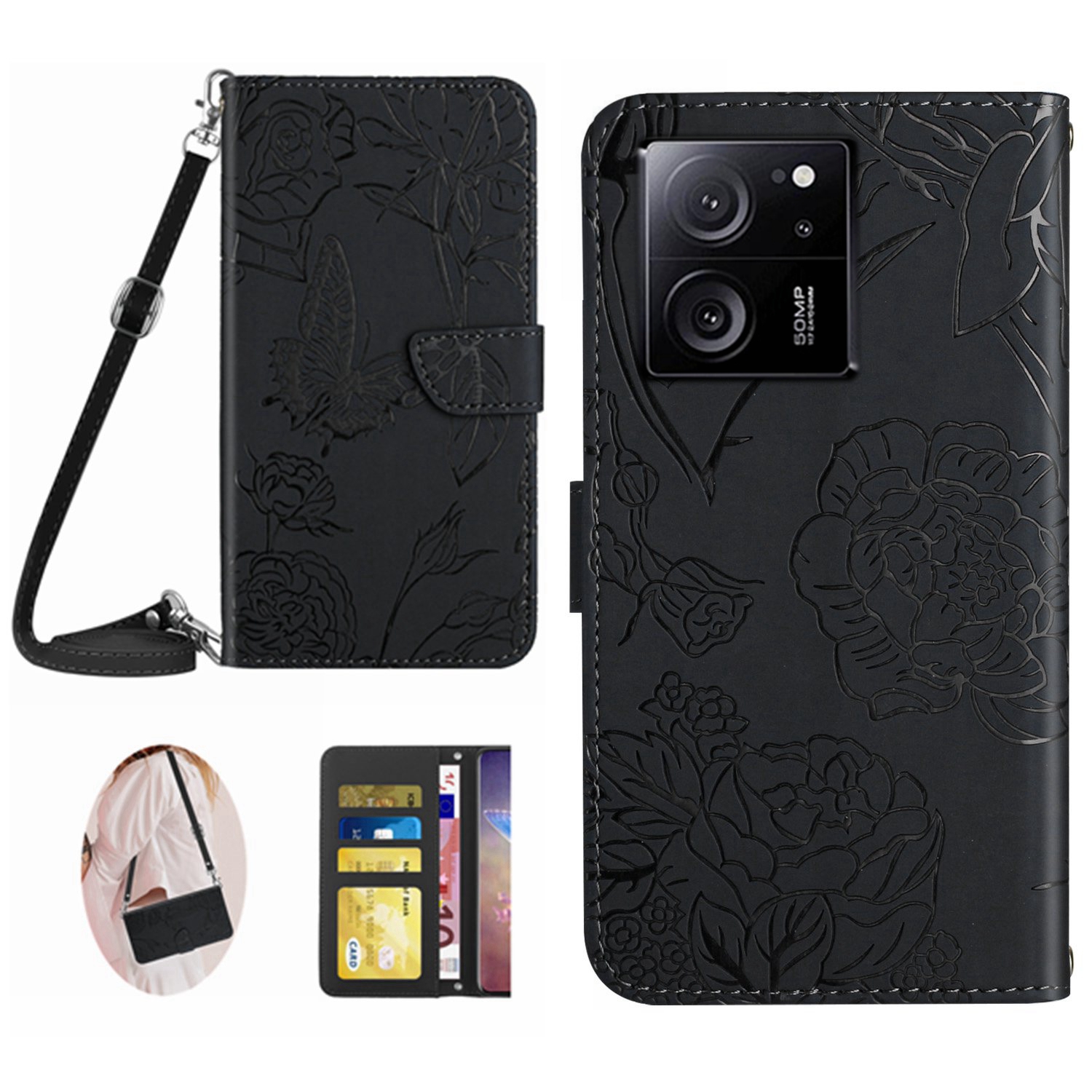 

HT03 Für Xiaomi 13t / 13t Pro Hase Leder Brieftasche Telefonabdeckung Mit Schultergurt - Schwarz, Xiaomi 13T Pro