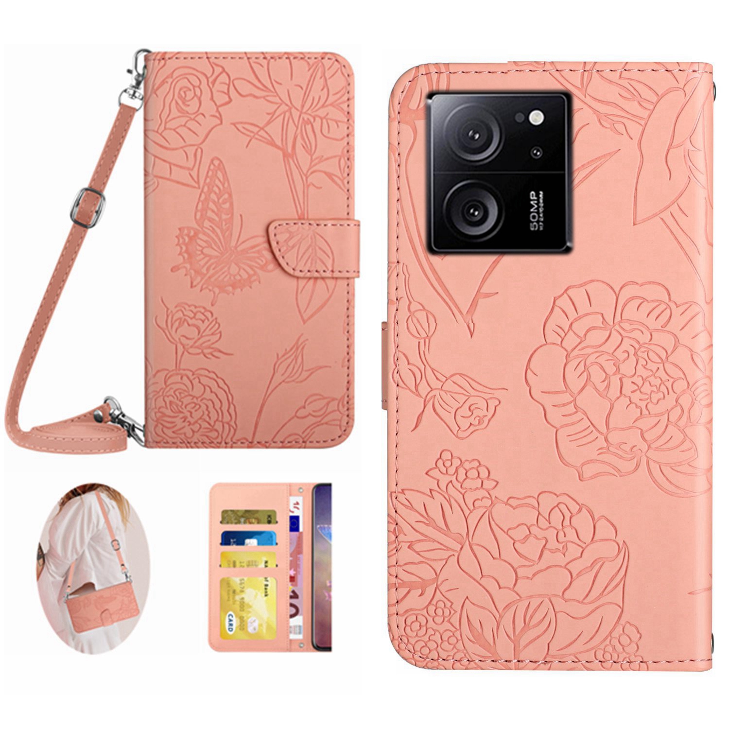 

HT03 Für Xiaomi 13t / 13t Pro Hase Leder Brieftasche Telefonabdeckung Mit Schultergurt - Rosa, Xiaomi 13T Pro