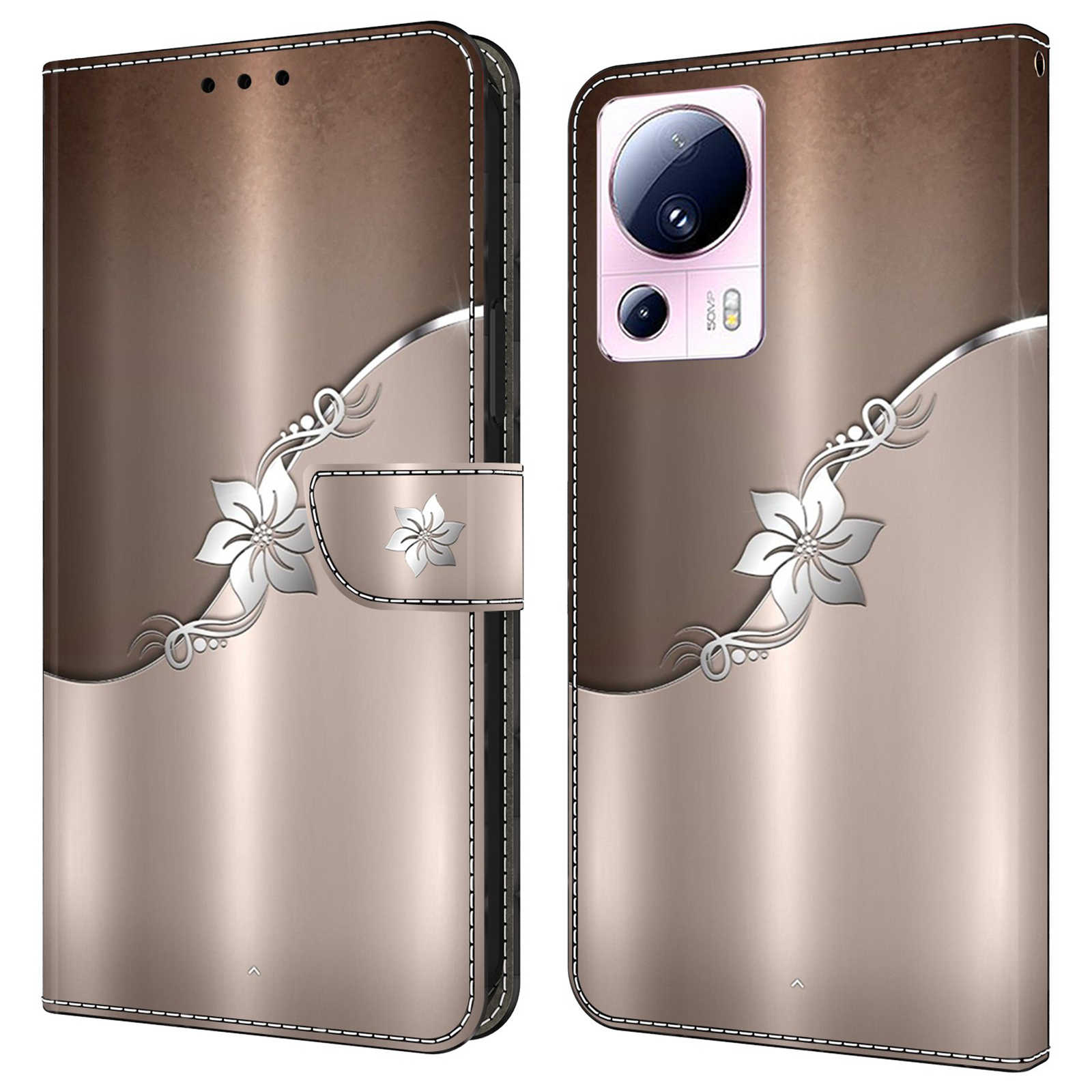 

Für Xiaomi 13 Lite / Civi 2 5G Wallet Case 3D Muster Druckleder Lederschockdelie Telefonabdeckung - Silberblume, Xiaomi 13 Lite