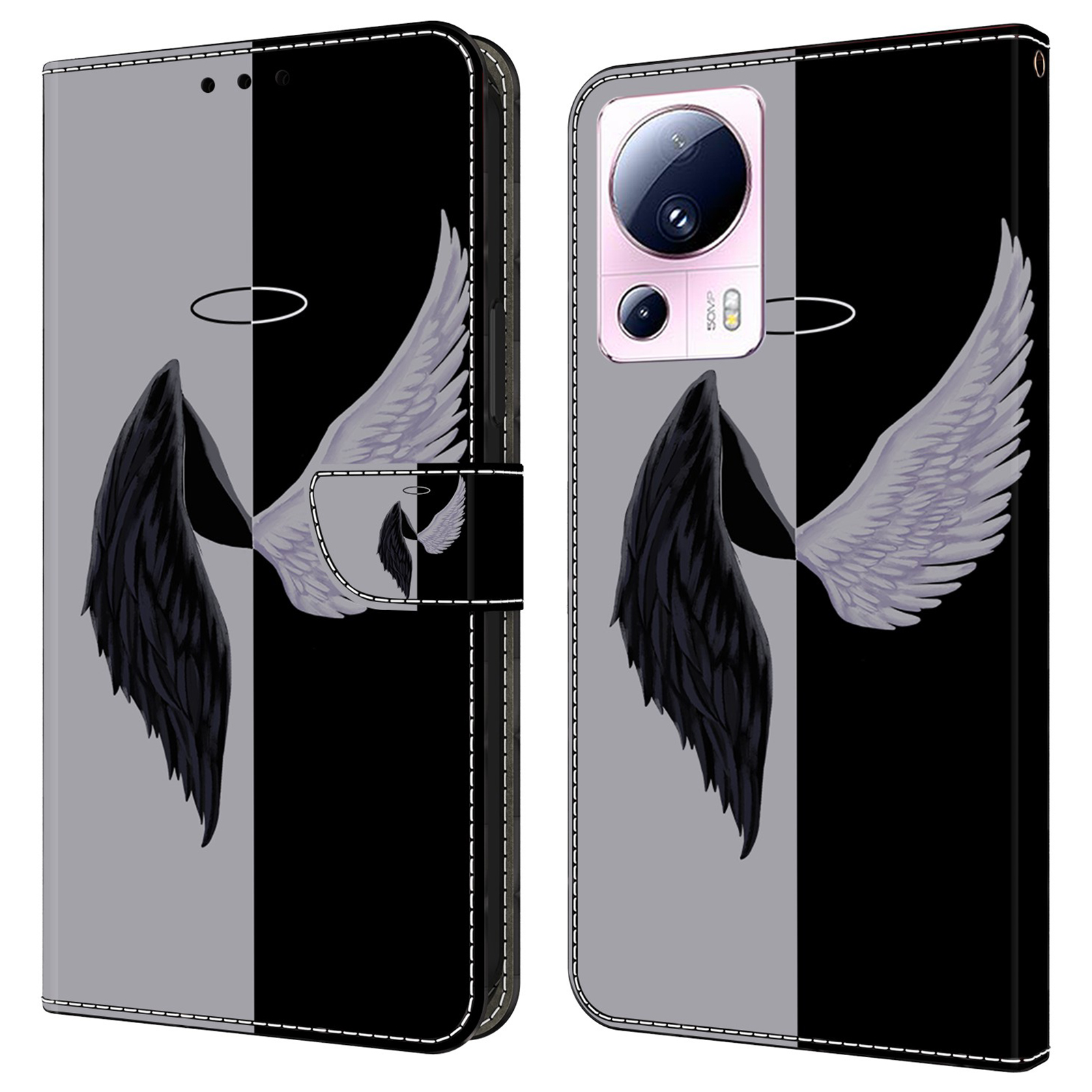 

Für Xiaomi 13 Lite / Civi 2 5G Wallet Case 3D Muster Druckleder Lederschockdelie Telefonabdeckung - Schwarz / Weiße Flügel, Xiaomi 13 Lite