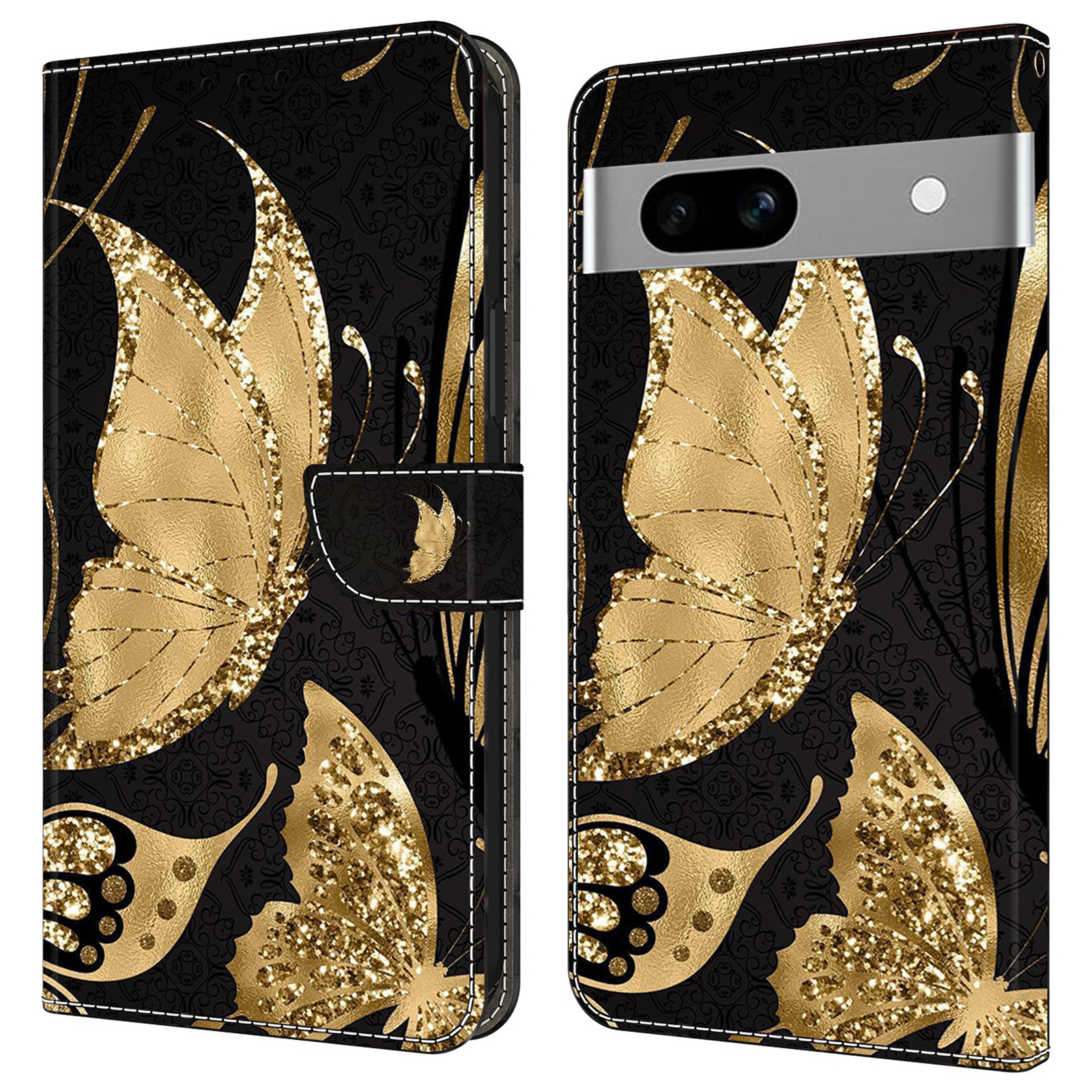 

Anti-drogen-leder-flip-abdeckung Für Google Pixel 7a Hülle Stoßdämpfer Brieftaschenhülle - Goldener Schmetterling, Google Pixel 7a