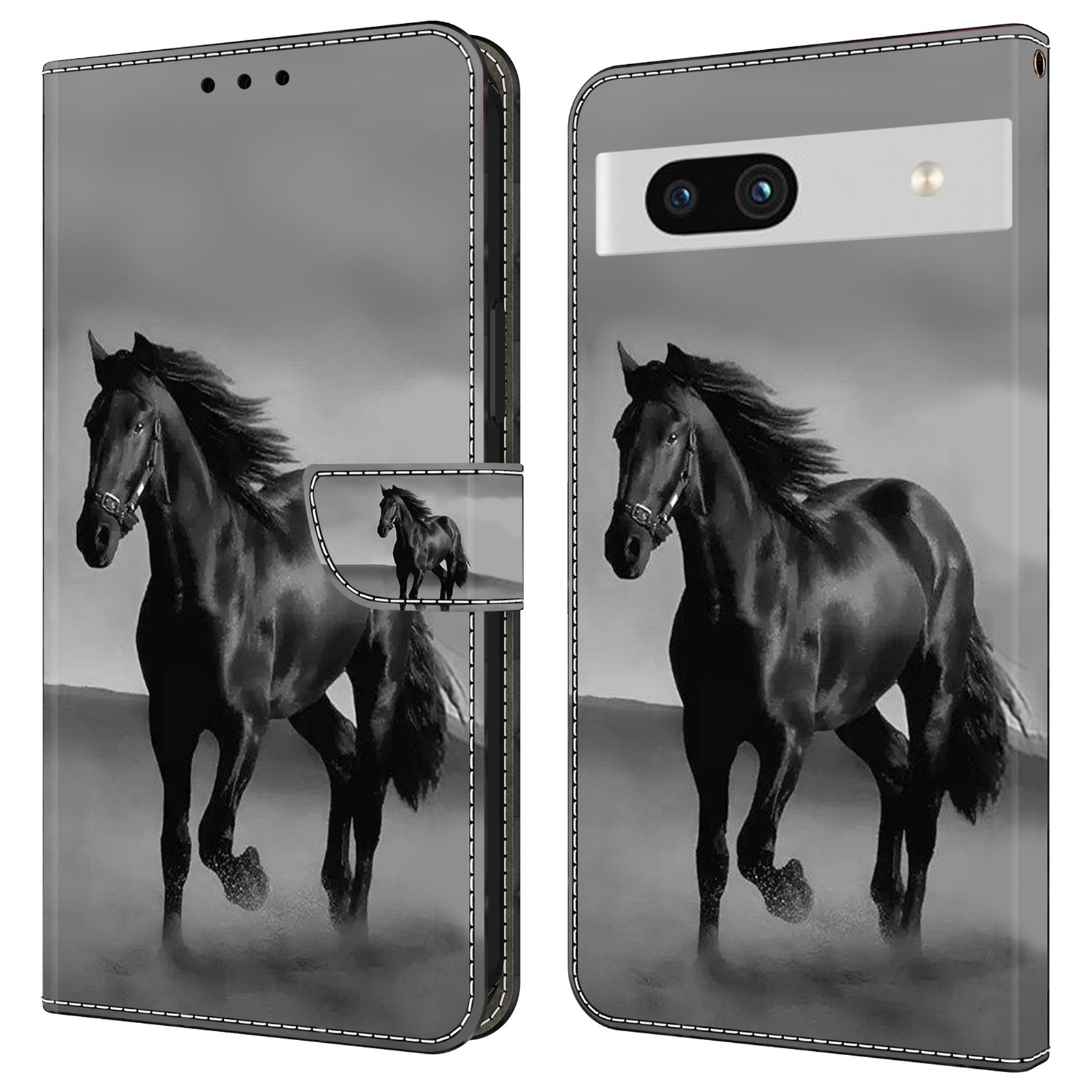 

Anti-drogen-leder-flip-abdeckung Für Google Pixel 7a Hülle Stoßdämpfer Brieftaschenhülle - Schwarzes Pferd, Google Pixel 7a