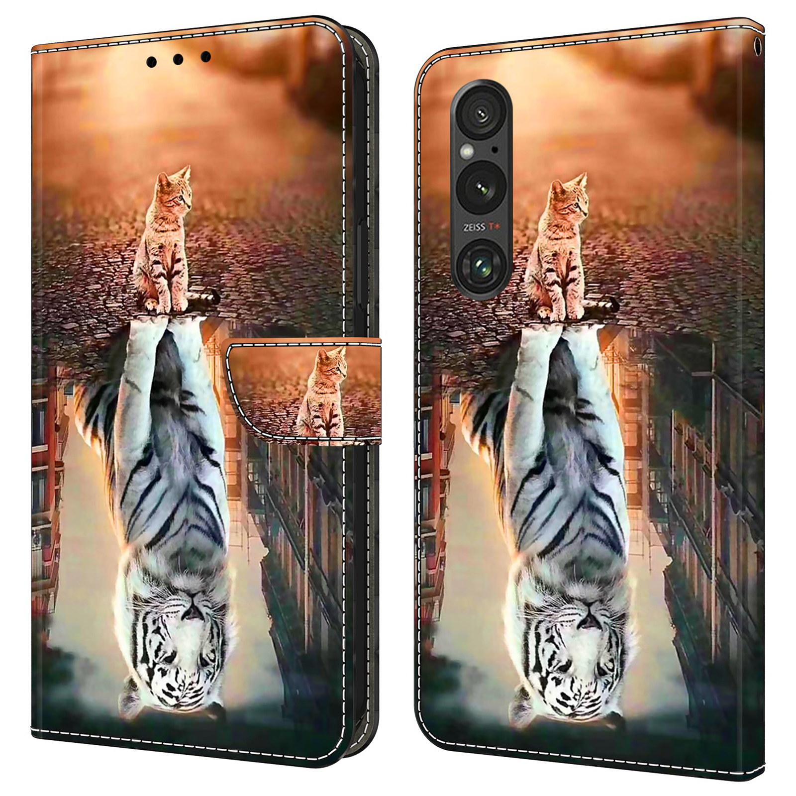 

Anti-kratzer-brieftaschenhülle Für Sony Xperia 1 V Hasten Muster Druckende Lederschluss - Katze Und Tiger, Sony Xperia 1 V