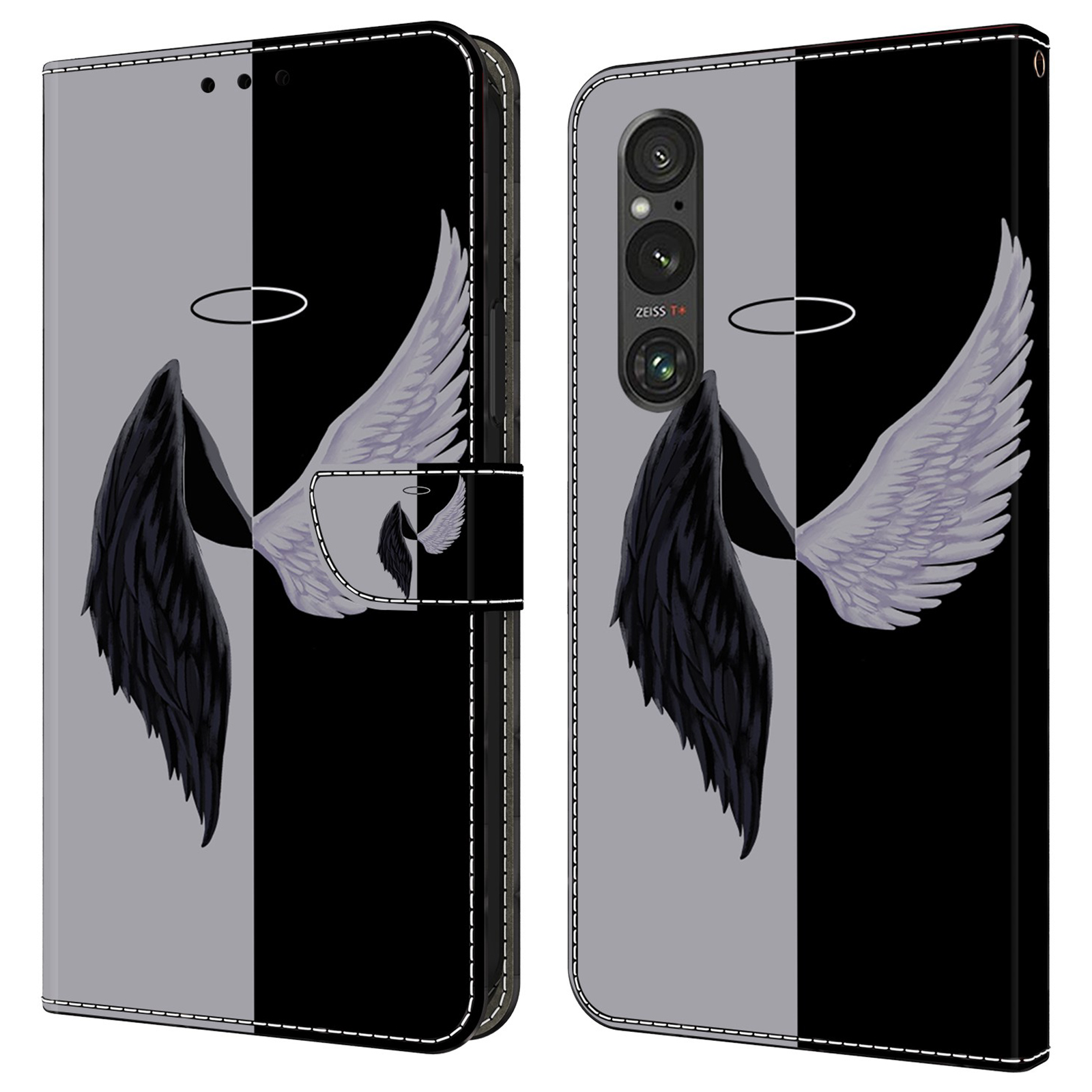 

Anti-kratzer-brieftaschenhülle Für Sony Xperia 1 V Hasten Muster Druckende Lederschluss - Schwarz / Weiße Flügel, Sony Xperia 1 V