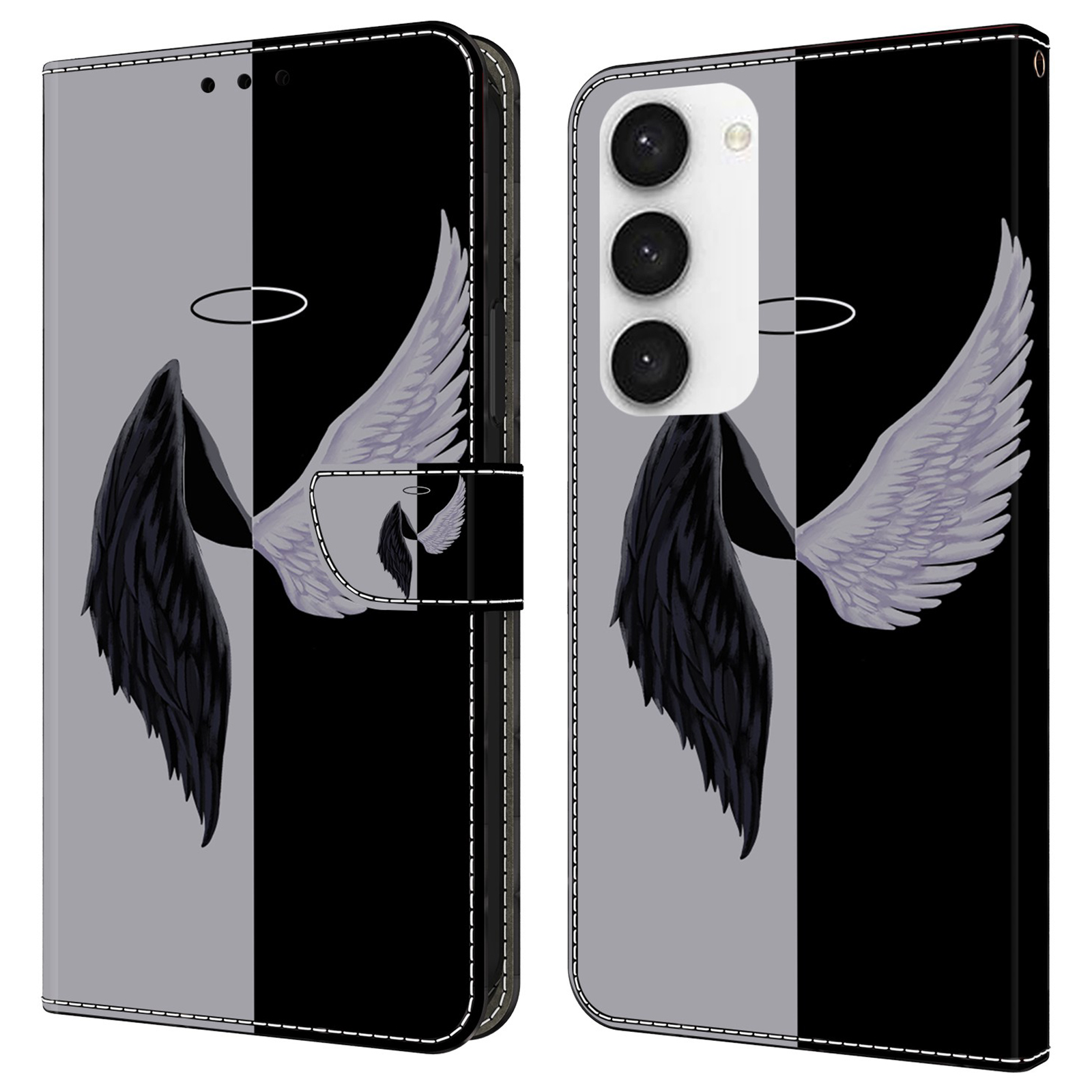 

Für Samsung Galaxy S23+ Hülle Anti-drogen-brieftaschen-handy-muster-druckleder-flip-abdeckung - Schwarz / Weiße Flügel, Galaxy S23+