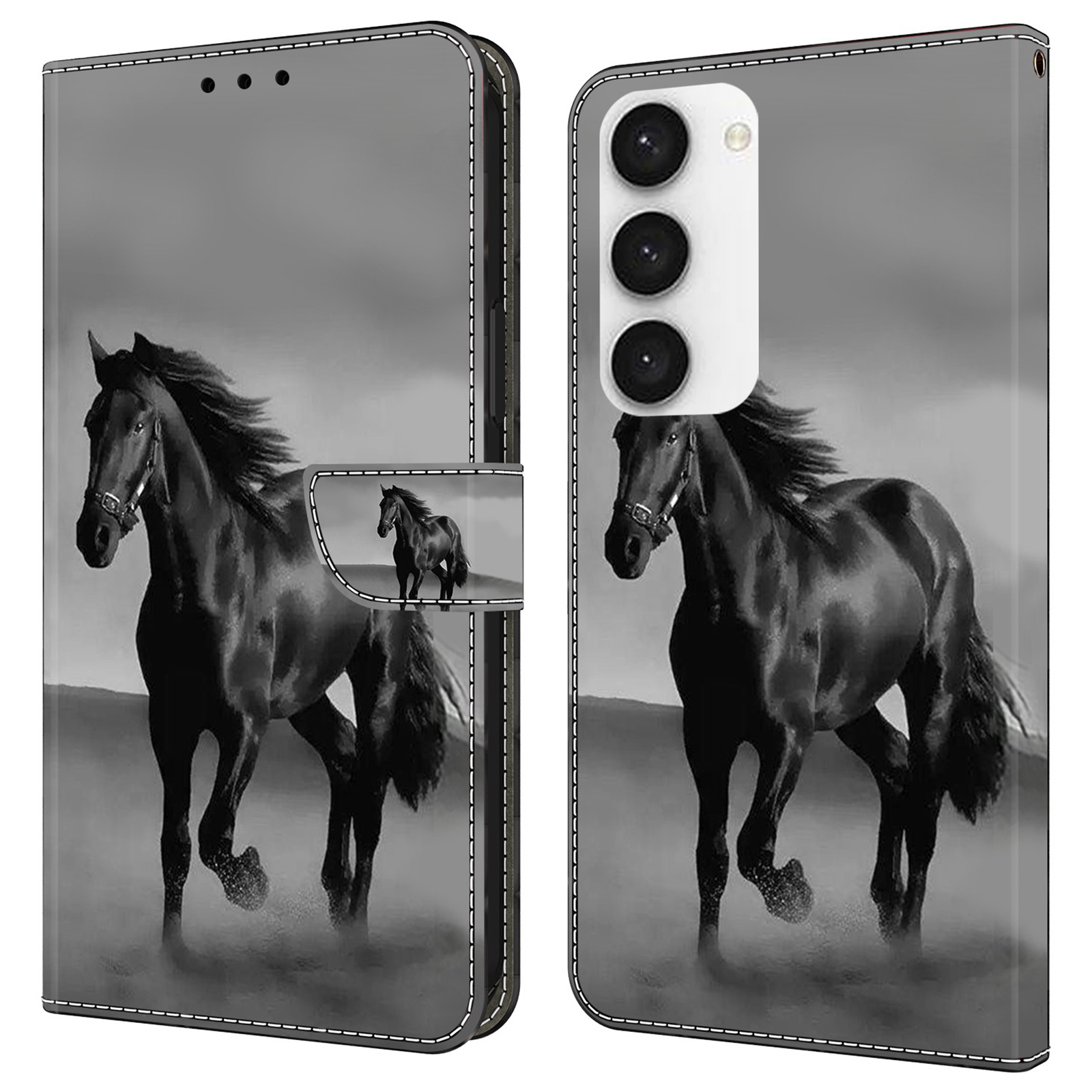 

Für Samsung Galaxy S23+ Hülle Anti-drogen-brieftaschen-handy-muster-druckleder-flip-abdeckung - Schwarzes Pferd, Galaxy S23+