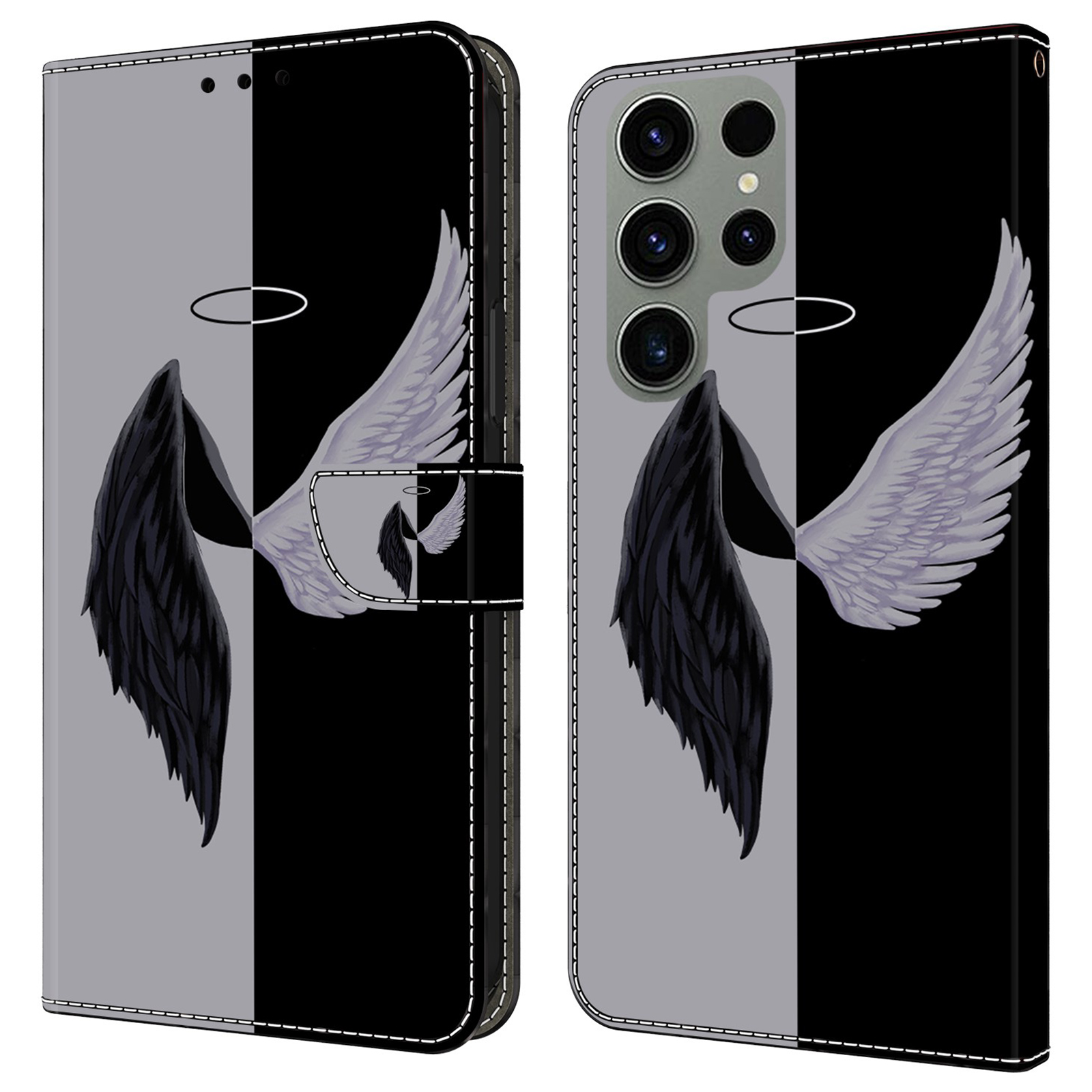 

Für Samsung Galaxy S23 Ultra Case Protective Wallet Phone Case Mit Ständer - Schwarz / Weiße Flügel, Galaxy S23 Ultra