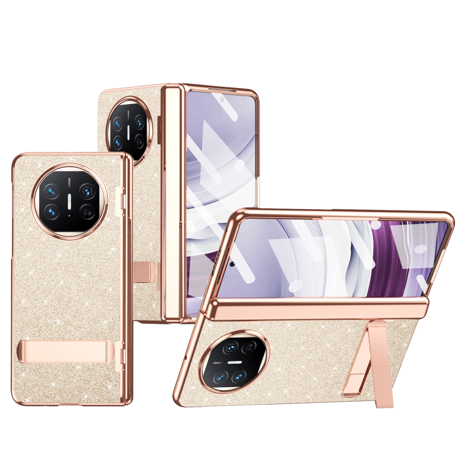 

Für Huawei Mate X5 Hülle Kickstand Leder+pc Elektroplatte Telefonabdeckung Mit Temperamentvollem Glasfilm - Gold, Huawei Mate X5