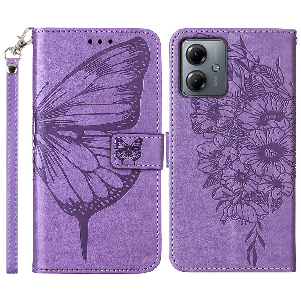 

Yb-spreng-serie-4-schmetterling Imprinktiert Leder Brieftasche Für Motorola Moto G14 4G - Lila, Motorola Moto G14 4G