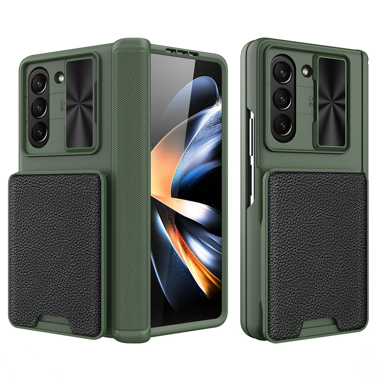 

Für Samsung Galaxy Z Fold5 5G Hülle Schieblinsendeckel -deckel Telefonabdeckung Mit Bildschirmfilm, Abnehmbarer Kartenhalter - Grün, Galaxy Z Fold5 5G