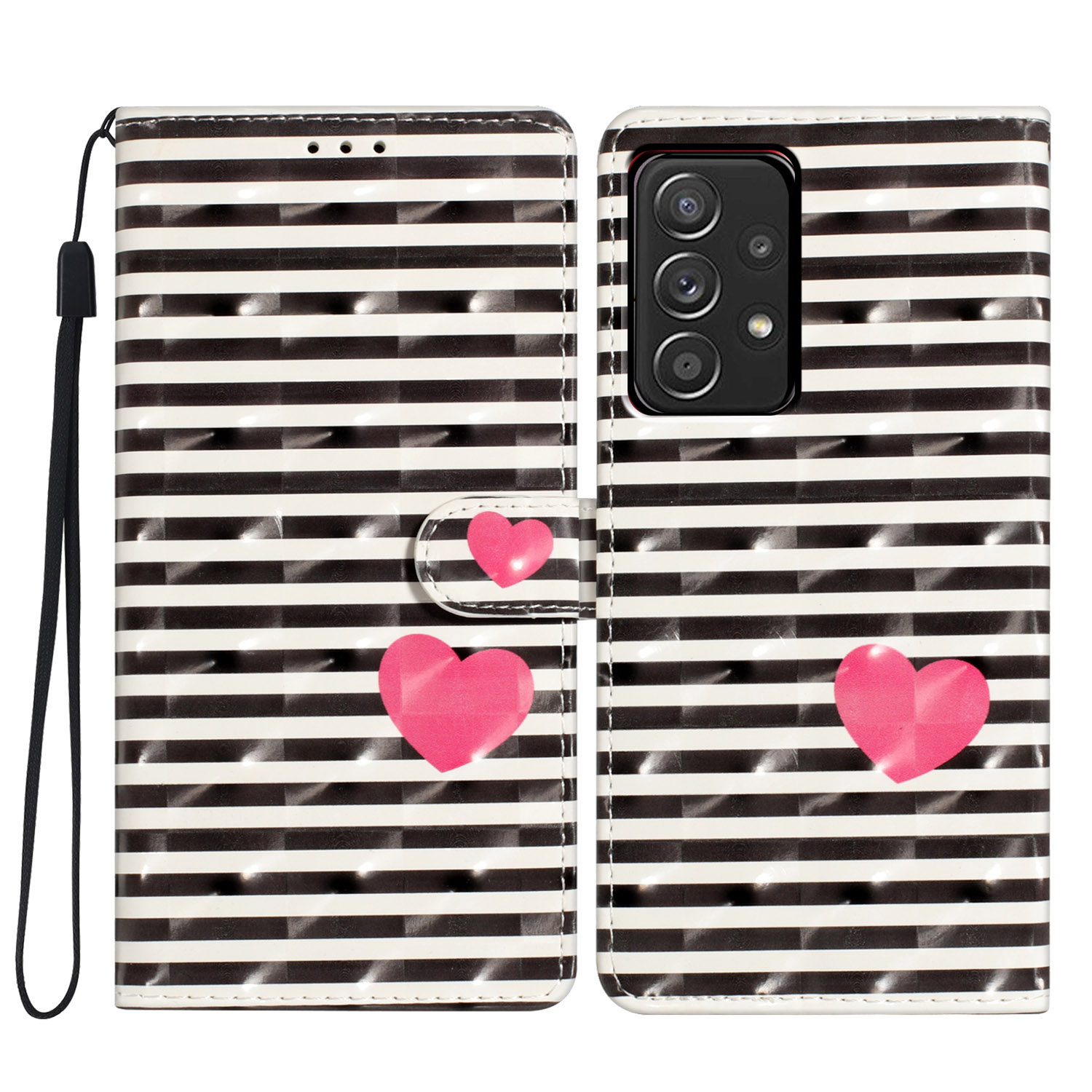 

Für Samsung Galaxy A33 5G Hülle Ständer PU Leder 3D -muster -mobiltelefonabdeckung - Streifen / Herz, Samsung Galaxy A33 5G