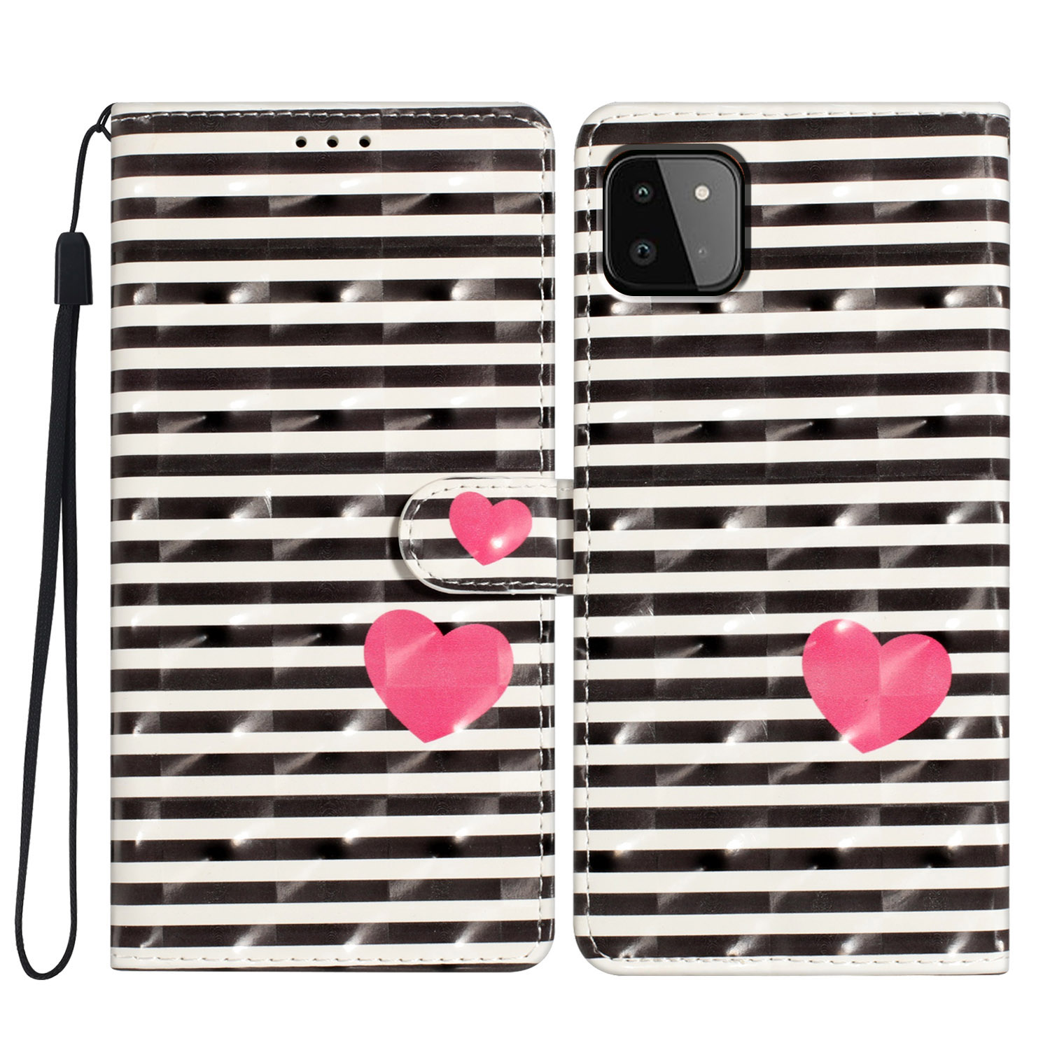 

Für Samsung Galaxy A22 5G (EU -version) Case Wallet PU Leder 3D -muster -telefonabdeckung - Streifen / Herz, Galaxy A22 5G (EU Version)