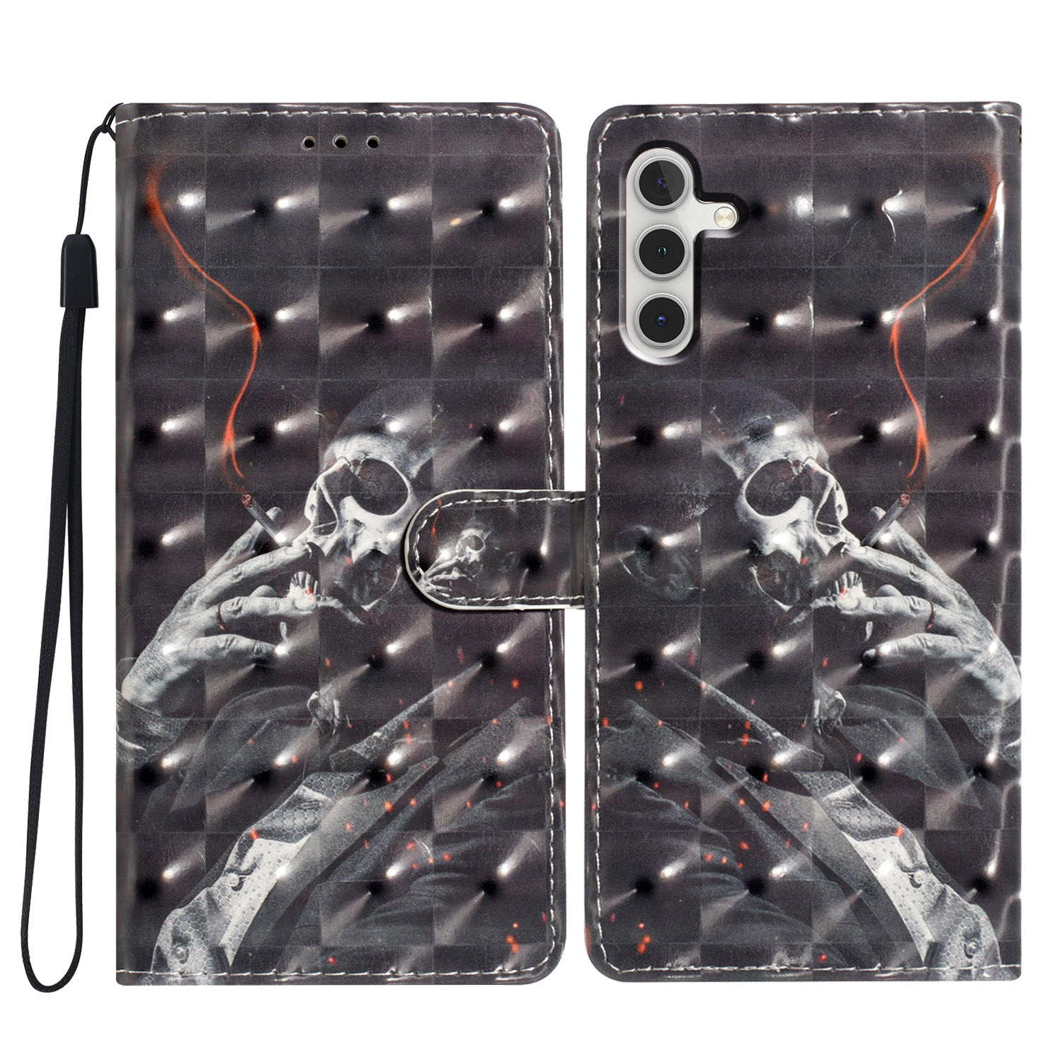 

Für Samsung Galaxy A15 4G Koffer Wallet PU Leder 3D -muster Gedrucktes Telefonabdeckung - Rauchskelett, Galaxy A15 4G