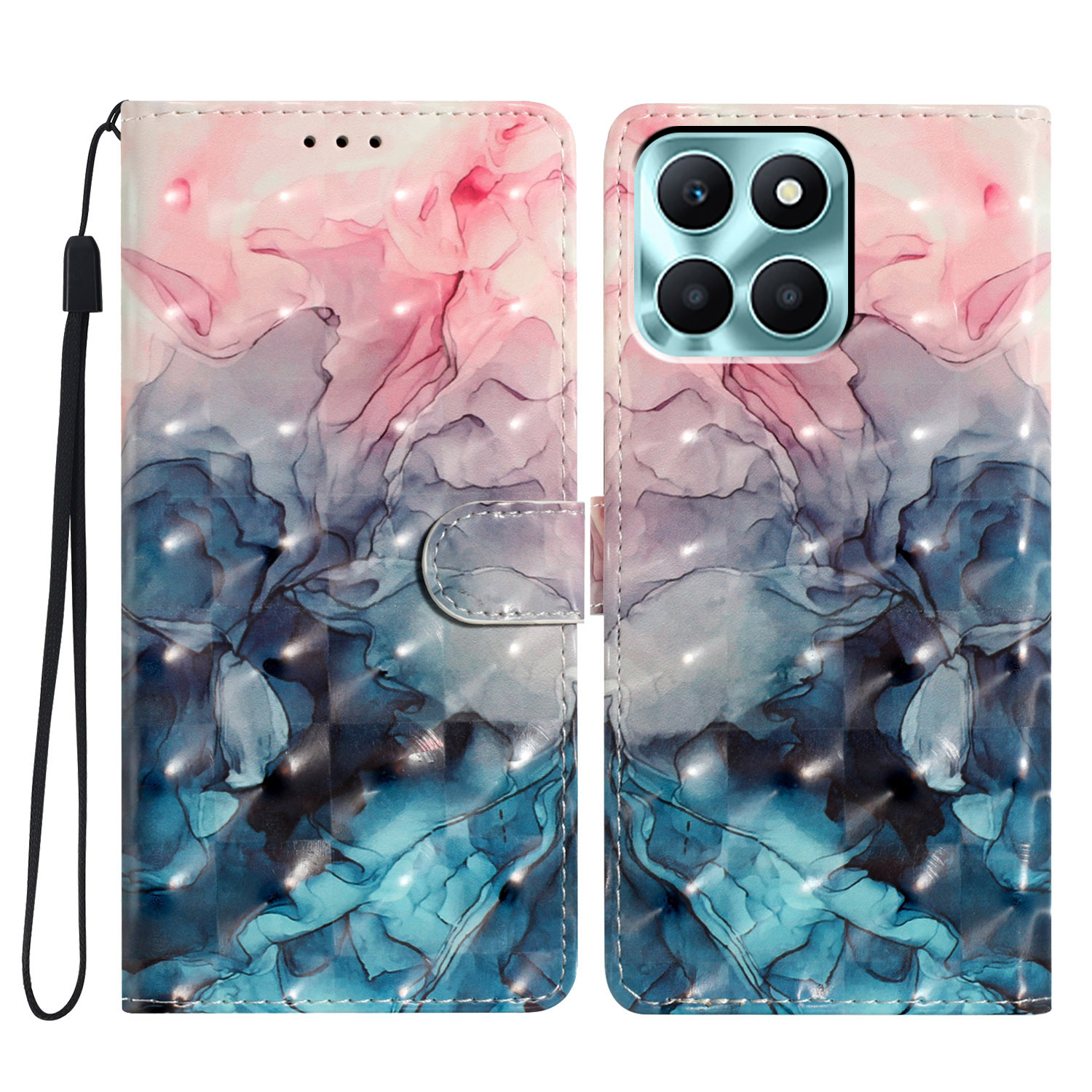 

Für Ehren X6a 4G -hülle PU Leder Magnetische Schließung 3D -musterdruck Telefonabdeckung - Pink Blue Marmor, Honor X6a 4G