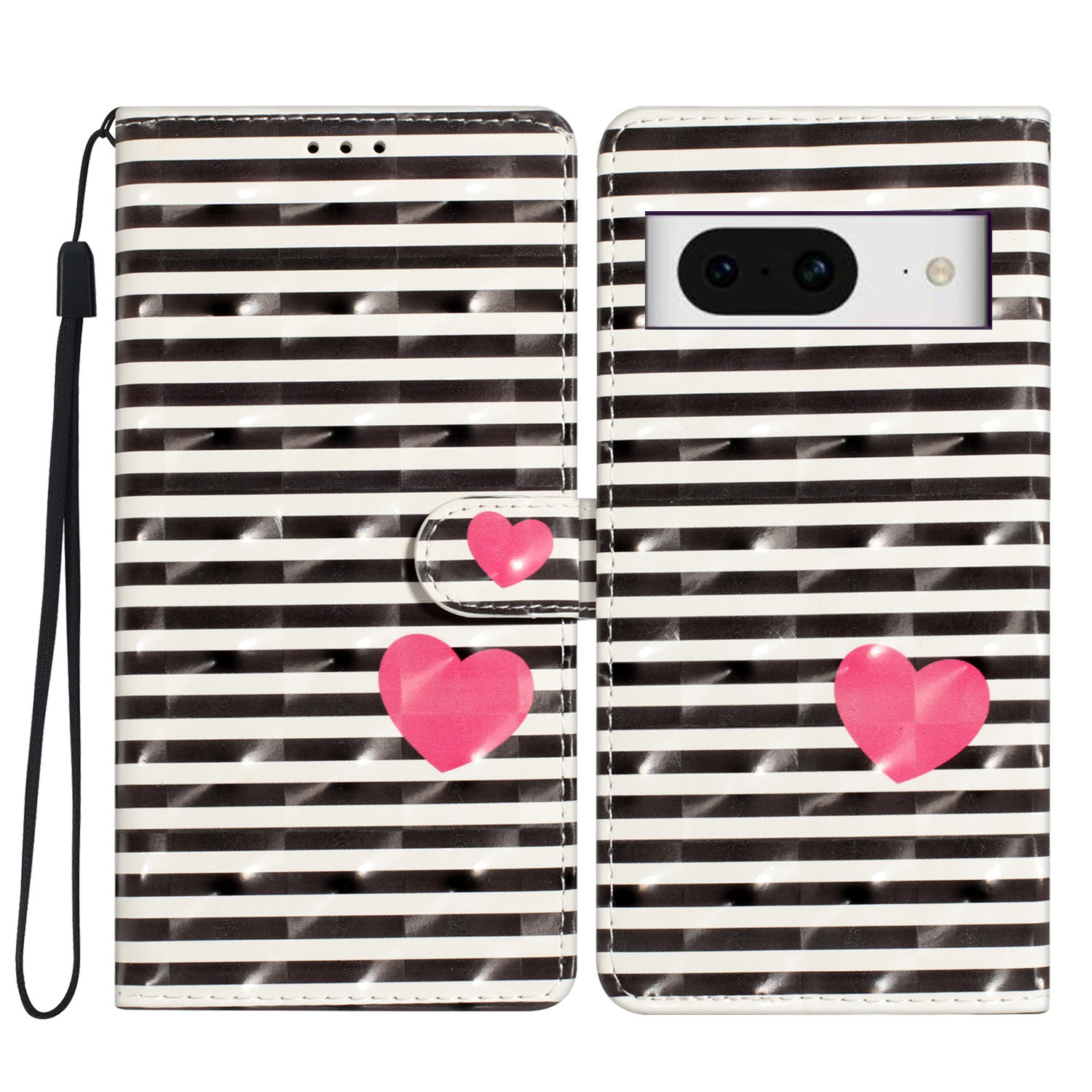 

Für Google Pixel 8 Case Flip Wallet PU Leder 3D Muster Gedrucktes Telefonabdeckung - Streifen / Herz, Google Pixel 8