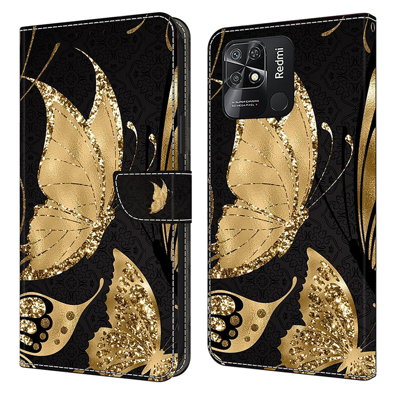 

Musterdruckleder-hülle Für Xiaomi Redmi 10c 4G Hülle Anti-drop-brieftaschenhülle - Goldener Schmetterling, Xiaomi Redmi 10C 4G