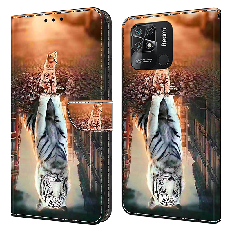 

Musterdruckleder-hülle Für Xiaomi Redmi 10c 4G Hülle Anti-drop-brieftaschenhülle - Katze Und Tiger, Xiaomi Redmi 10C 4G