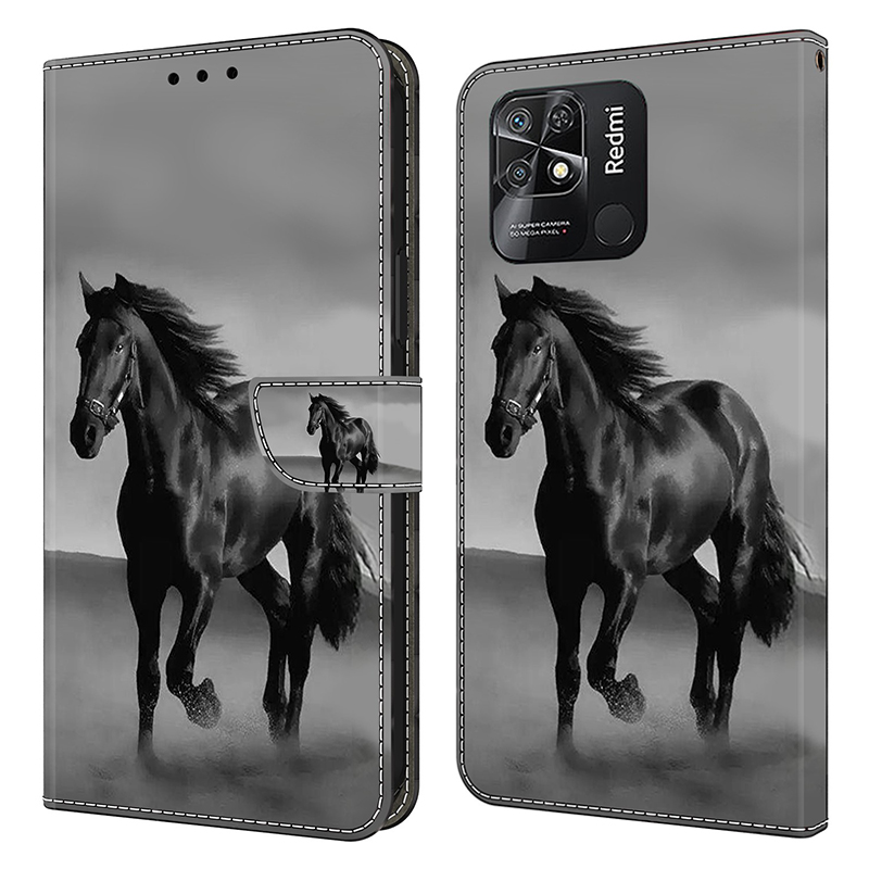

Musterdruckleder-hülle Für Xiaomi Redmi 10c 4G Hülle Anti-drop-brieftaschenhülle - Schwarzes Pferd, Xiaomi Redmi 10C 4G